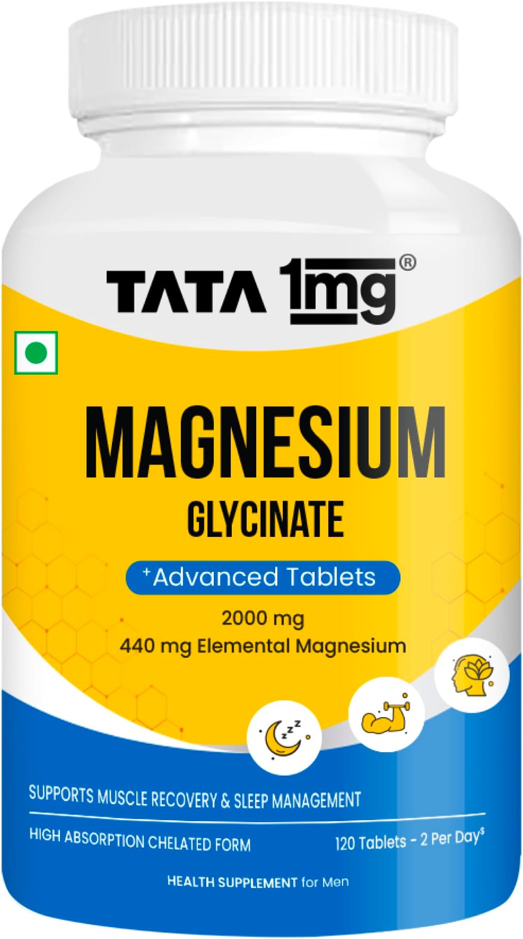 Tata 1mg Magnesium Glycinate Tablets |2000mg | High Absorption Chelated form for Muscle Recovery, Sleep & Nerve Health | 2000mg Per Serving – 120 Veg Tablets