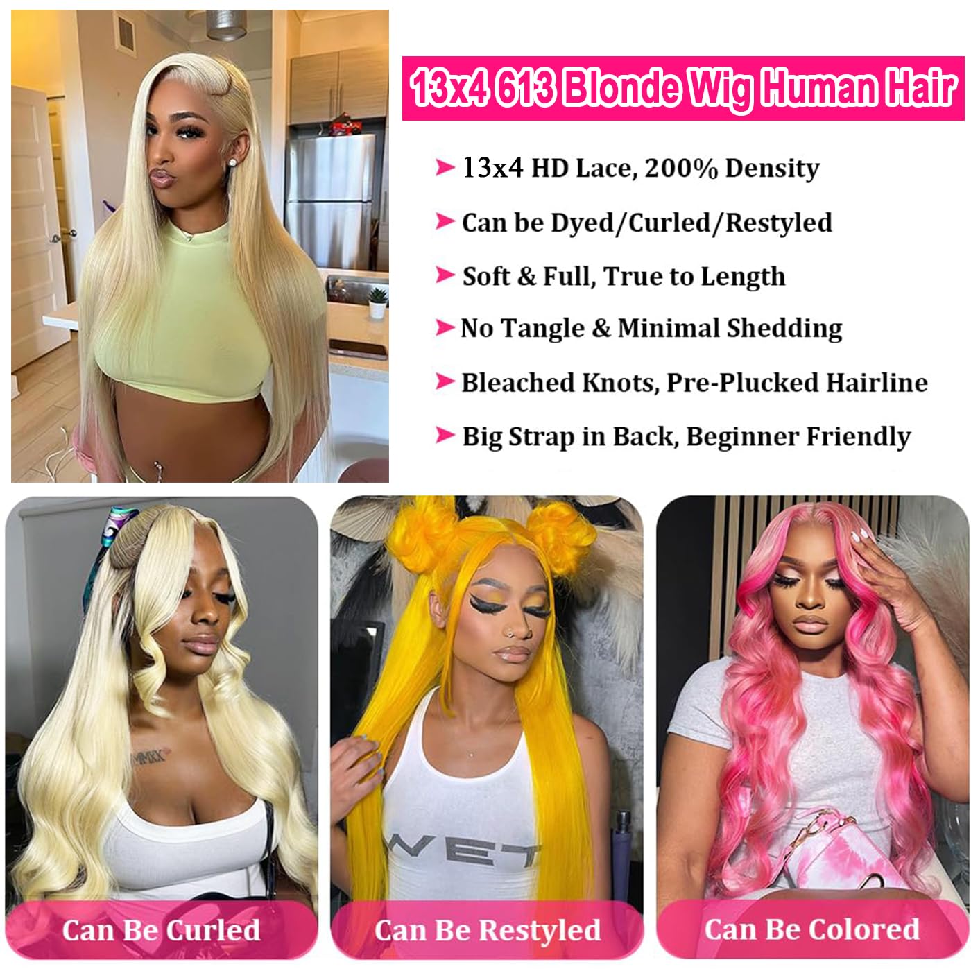 613 Blonde 13X4 Wig Straight Glueless Wig 100% Brazilian Virgin Hair Pre-Plucked Hairline with Baby Hair 180% Density Adjustable Straps & Combs 24 Inch - Image 3