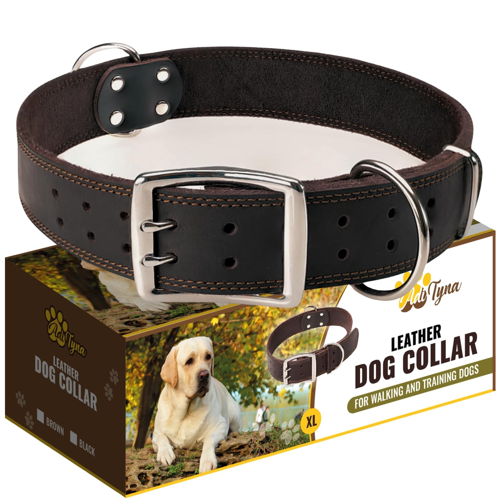 ADITYNA Großes Leder-Hundehalsband – XXL-Hundehalsband für riesige Rassen wie Mastiff, Bernhardiner, Neufundländer, Kangal (schwarz, riesig: passend für Halsumfang von 76,2 - 91,4 cm)