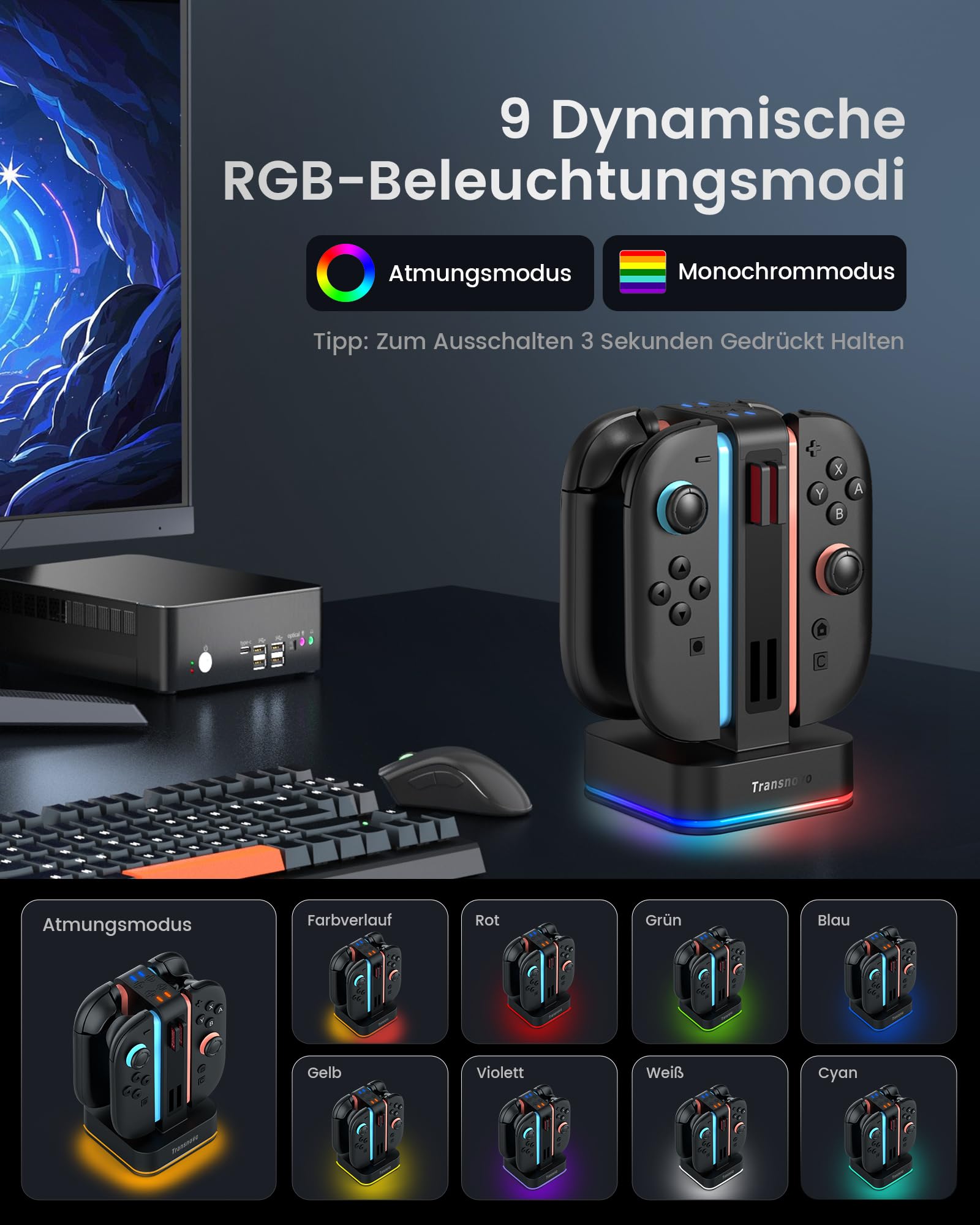 TRANSNOVO Ladestation für Nintendo Switch 2, 4-Fach Controller Ladestation mit LED-Anzeige, 9 RGB-Beleuchtungsmodi, 8 Spielkarten-SpeicherpläTZE & Gleichzeitiges Laden von 1–4 Joy-Cons