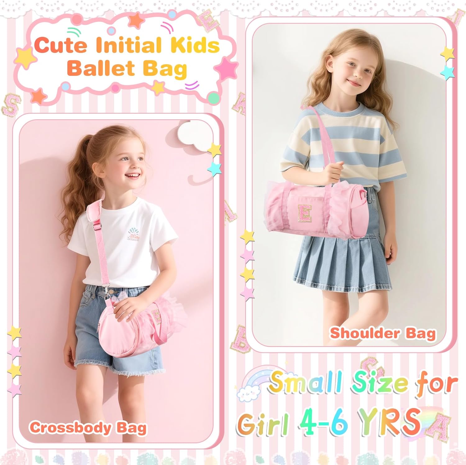 Personalized Initial Dance Bag for Girls 4-6, Small Lace Gym Sport Yoga Cheer Dance Bags Gift for Teen Girls, Cute Letter Kids Ballet Bag Toddler Travel Duffel Tote with Adjustable Straps(Pink-E) - Image 5