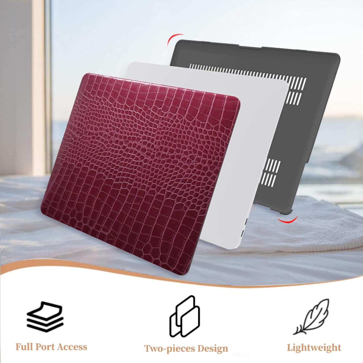 Hard Shell Compatible with MacBook Air 13.3 Inch Case 2020 2019 2018 Model A2337 A2179 A1932 M1 Chip with Retina Display & Touch ID, PU Leather Laptop Cover, Dark Red Alligator