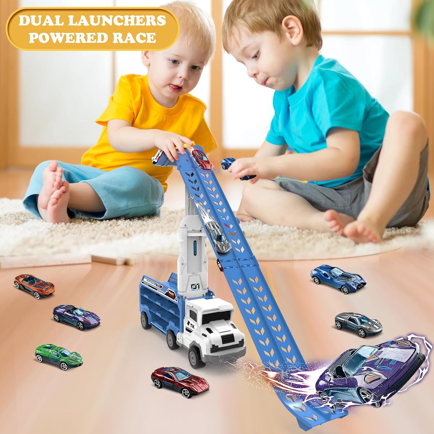 Toddler Car Truck Toys,Car Carrier Trucks Toy for Kids Age 3-5 4-8,Foldable Car Track Sets with 2.8-Ft Race Track and 6 Die-Cast Race Cars, Truck Toys Gifts for 3 4 5 6 7 8+ Year Old Boys Girls(Blue)