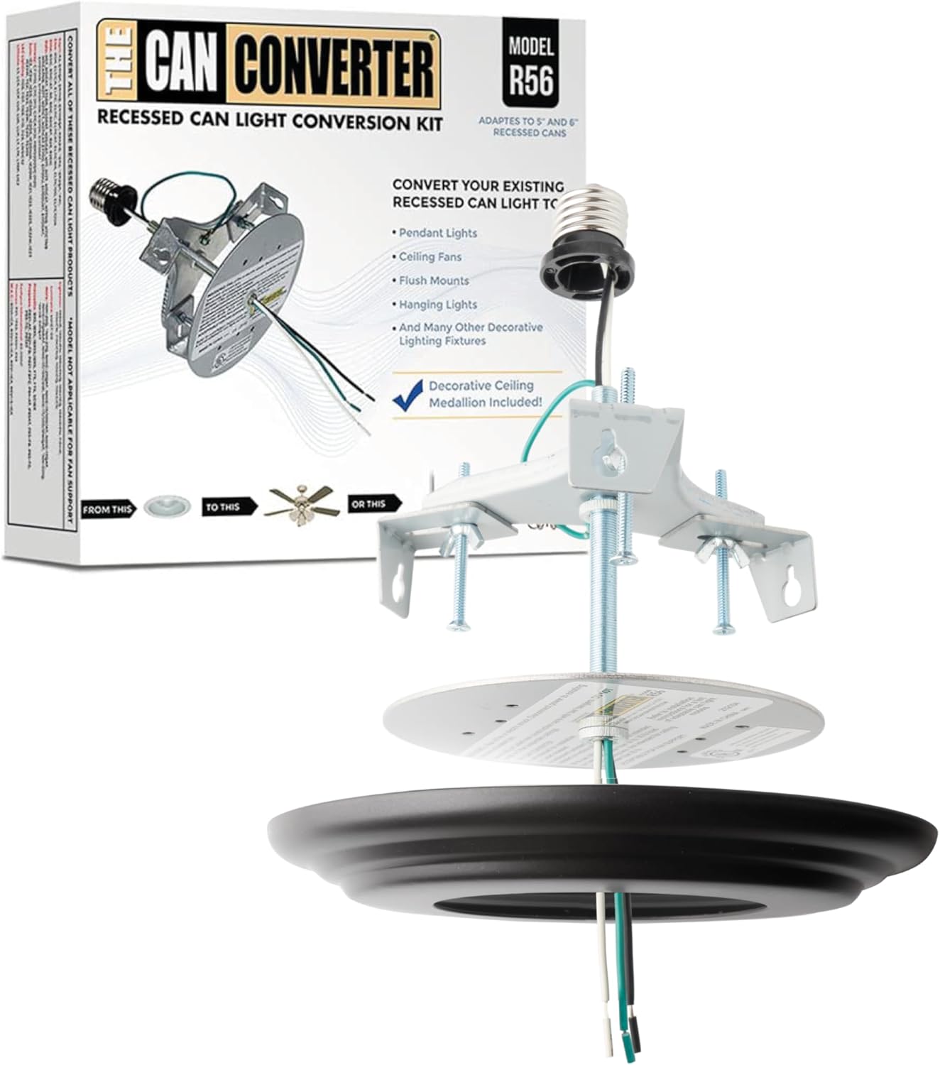 The Can Converter R56 Recessed Can Light Conversion Kit w/ 7"¾ Beveled Ceiling Medallion - Home Improvement for 5" & 6" Cans, Ceiling Fan & Light Fixture Converter Kit, UL Certified, Matte Black
