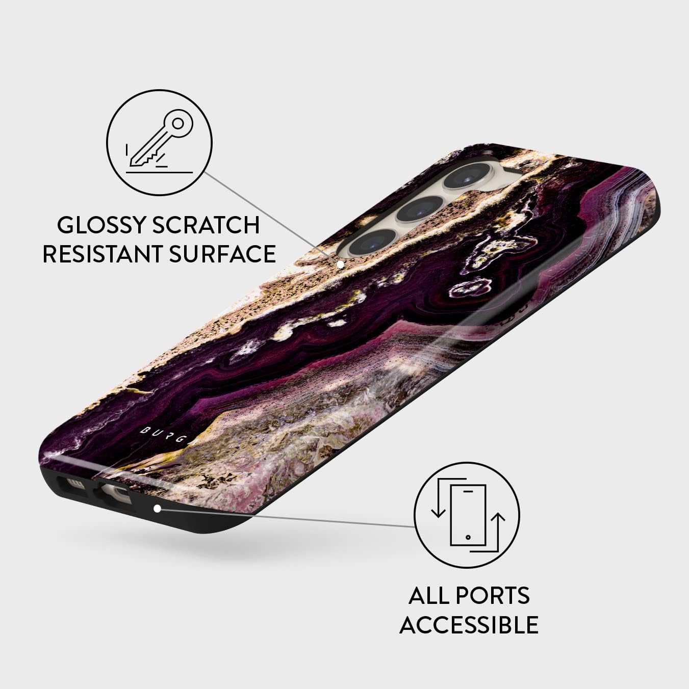 BURGA Phone Case Compatible with Samsung Galaxy S23 Plus - Hybrid 2-Layer Hard Shell + Silicone Protective Case -Purple & Gold Marble Stone - Scratch-Resistant Shockproof Cover