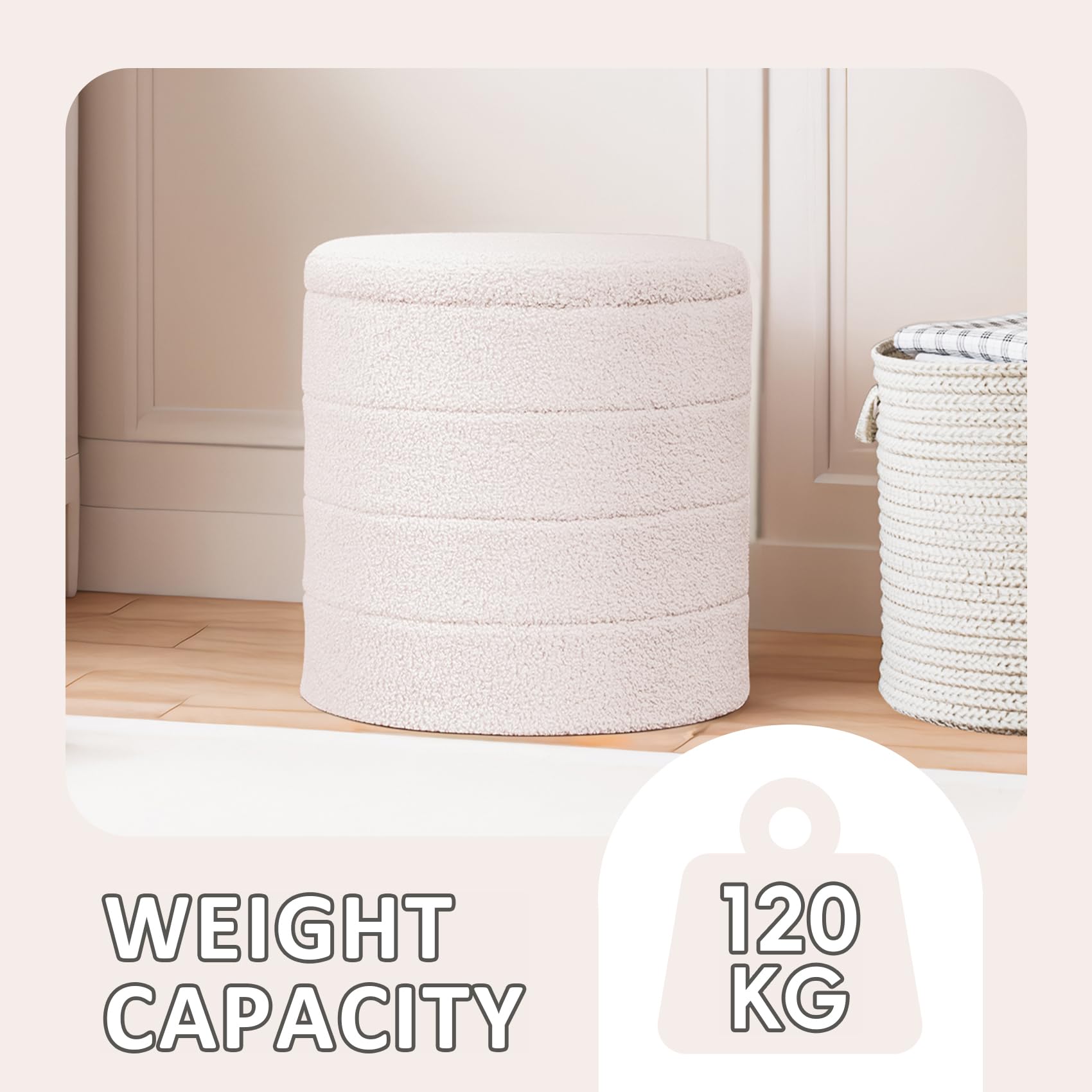 PINPLUS Puff con Almacenaje, Redondo Taburete Baúl Plegable con Tapa Reversible, 43x43x45 cm para Salón, Dormitorio y Pasillo, Blanco