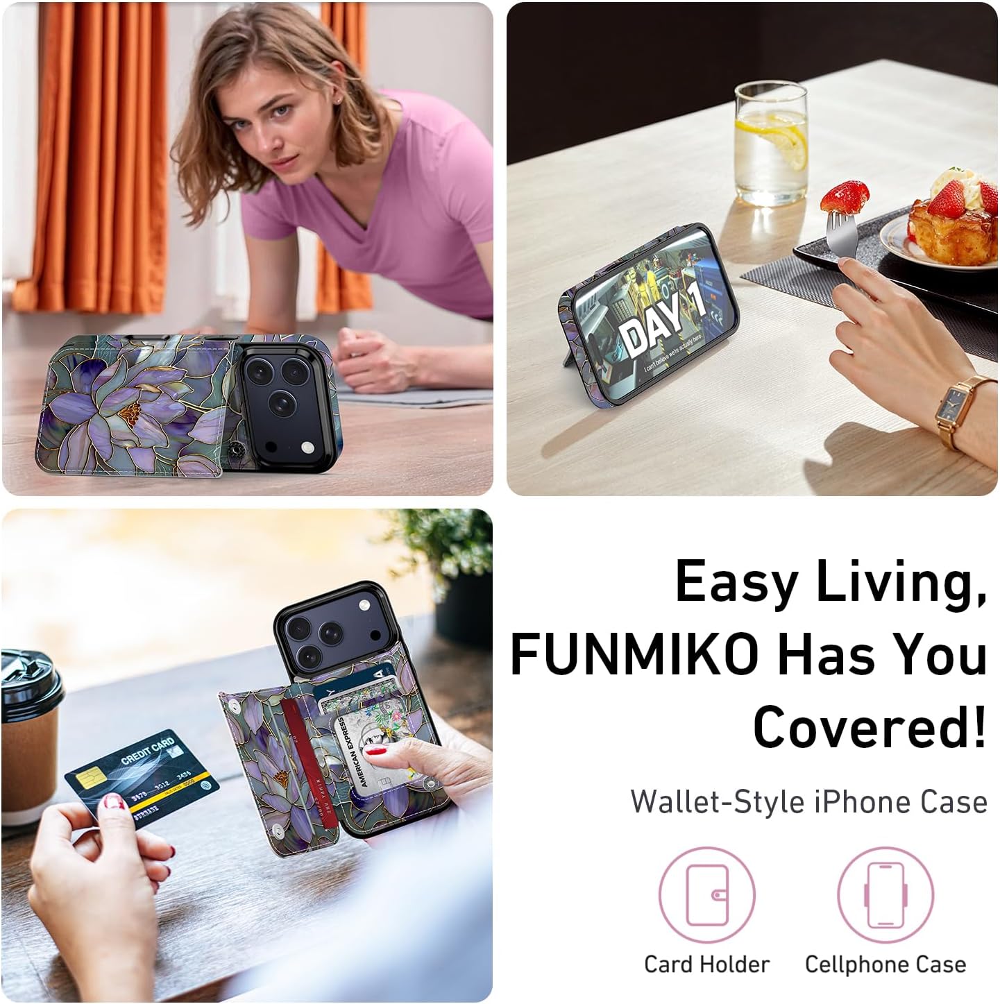FUNMIKO for iPhone 17 Pro Max Wallet Case with Card Holder, RFID-Blocking, Military-Grade Protection & UV-Printed Artwork, Magnetic Closure with Leather Kickstand - Dreamy Lotus - Image 7