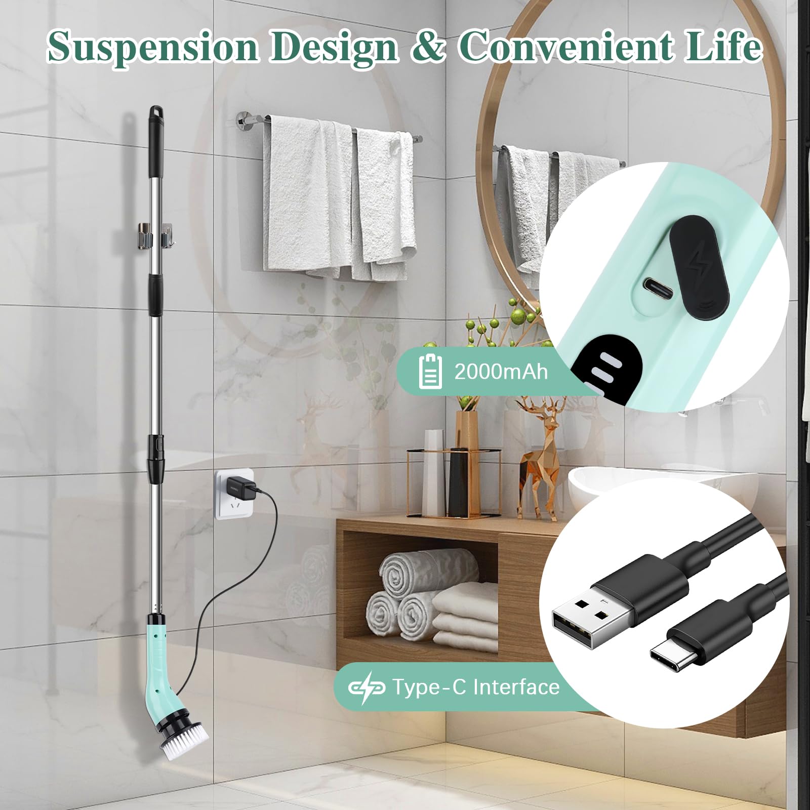 LWMTT Spazzola Elettrica Rotante con 9 Testine di Pulizia Versatili, Spin Scrubber Senza Fili con 2 Velocità Regolabili per Bagno Cucina Pavimento - Verde