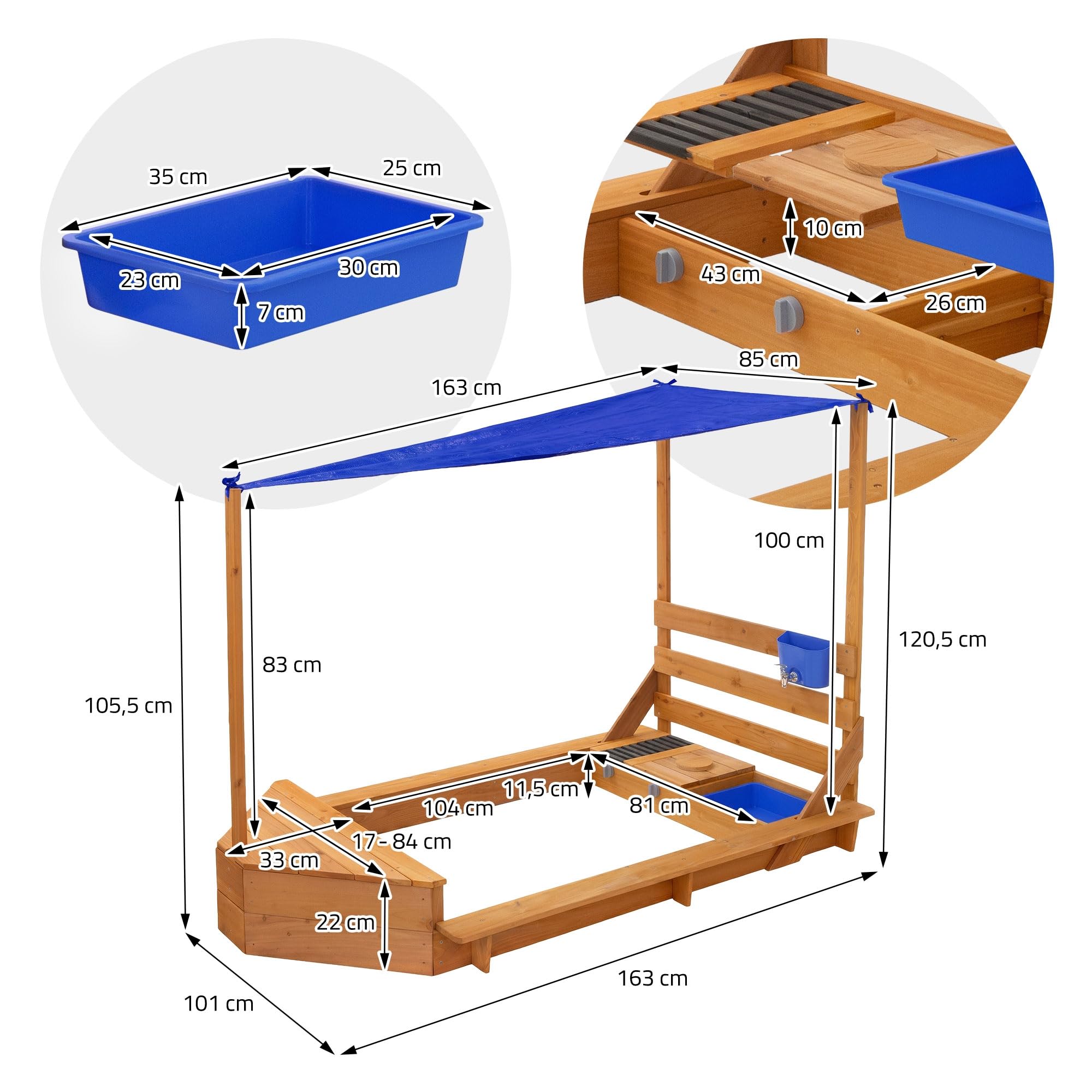 ML-Design Sabbiera Bambini con Tetto, Forma di Nave, Sabbionaia da Esterno in Legno Massiccio, 2 Panchine, Cucina e Accessori, Protezione dai Raggi UV e Bordi Sicuri, Giochi da Giardino 101x163 cm