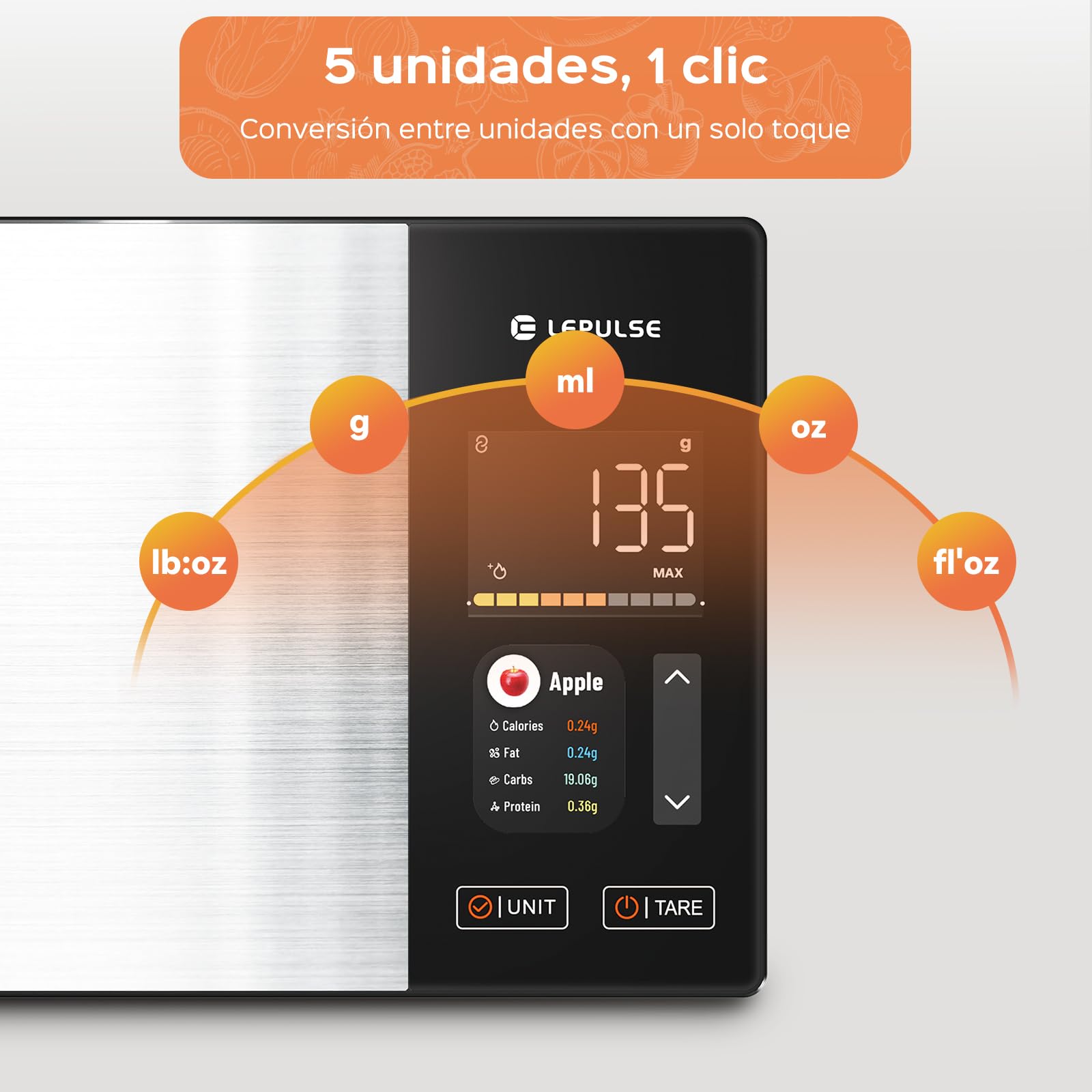 Lepulse Báscula Cocina, 24 Nutrientes, Pantalla TFT Color, 50 Offline scale | Bascula Cocina Digital de Acero Inoxidable con Cálculo Nutricional, Análisis de Nutrientes, Función sin Conexión (Offline)