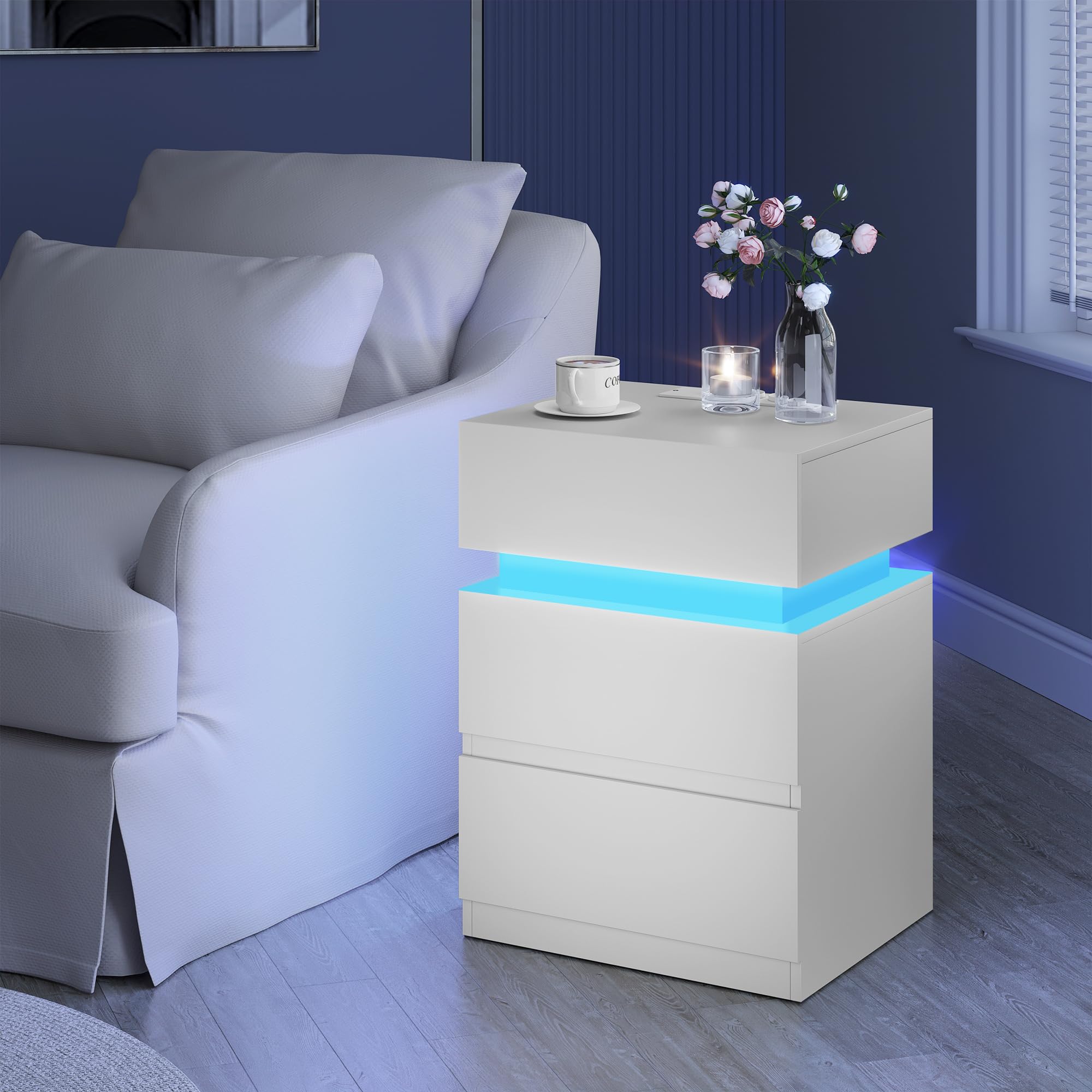 WOLTU Nachttisch 2er Set, mit Steckdose, Nachtschrank mit LED-Beleuchtung, weiß, 2 Schubladen und 1 Ablagefach, 40 x 35 x 55 cm, geeignet für Schlafzimmer, Wohnzimmer, moderner Stil, NTS23ws-2