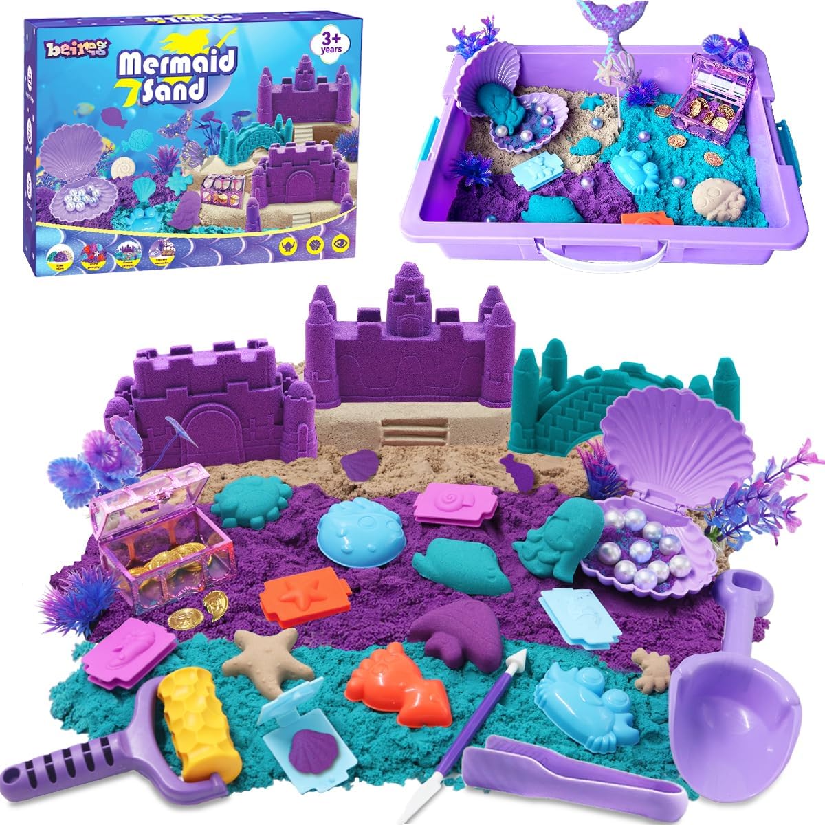 Mermaid Sensory Bin Kit – 60Pcs Sensory Sand Set with 2lbs (Purple/Teal/Beach), 17 Sea Castle & Marine Molds, 12 Tools, Treasure Chest, Ocean Sandbox Mermaid Toys Gifts for Girls Ages 3-8