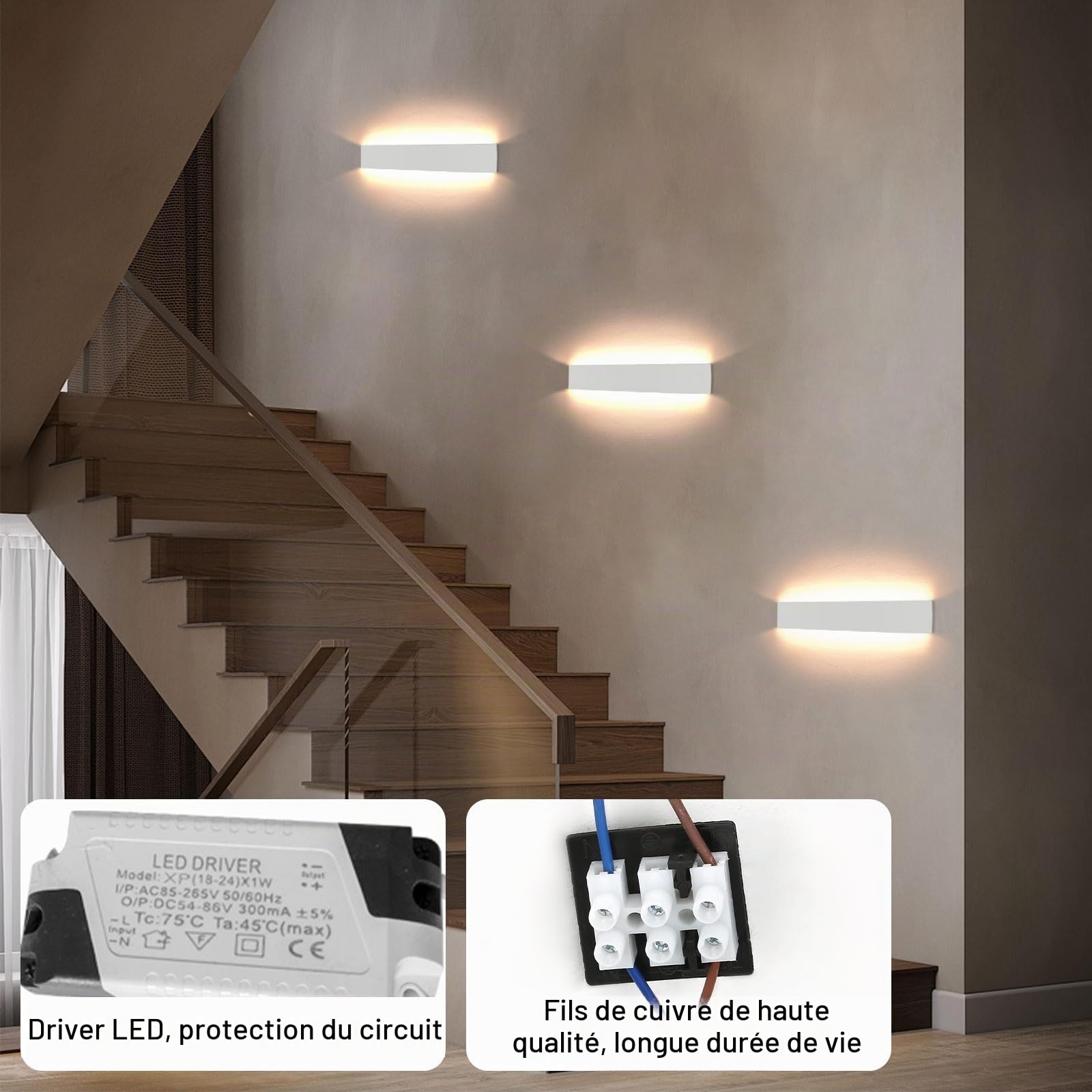 Lightess 24W Applique da Parete Interno Lampada 61cm Bianco Caldo