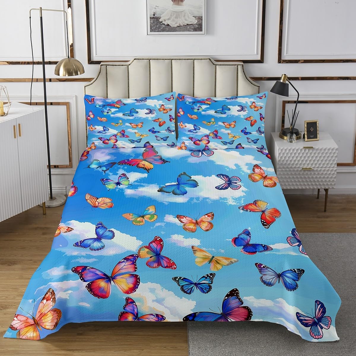 jejeloiu Butterfly Bedspread Rainbow Butterfly Bedspread for Kids Boys Girls Blue Sky Coverlet Set Animals Quilted Bedroom Collection 3Pcs King Size