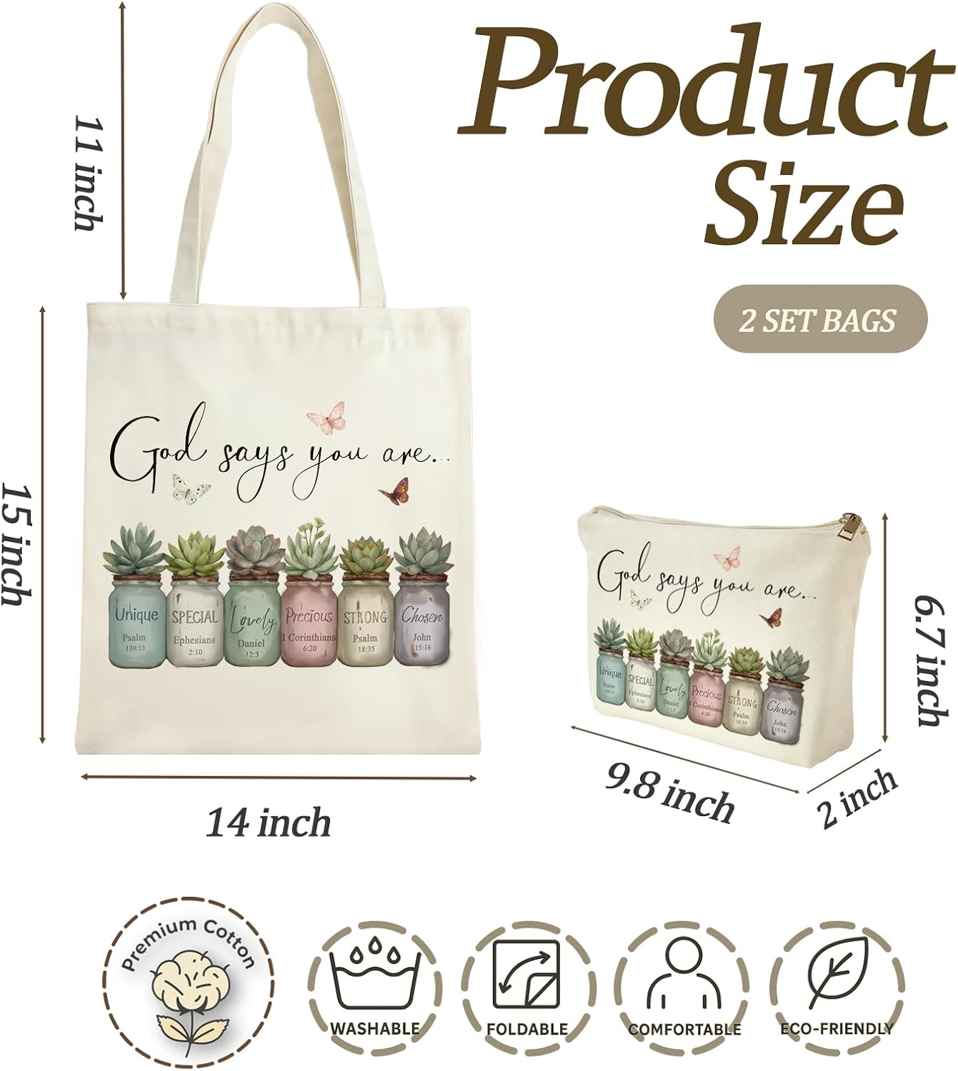 2 Pack Bible Canvas Tote Bag Makeup Bag Women Christian Gifts Reusable Grocery Bags for Shopping Travel image 3