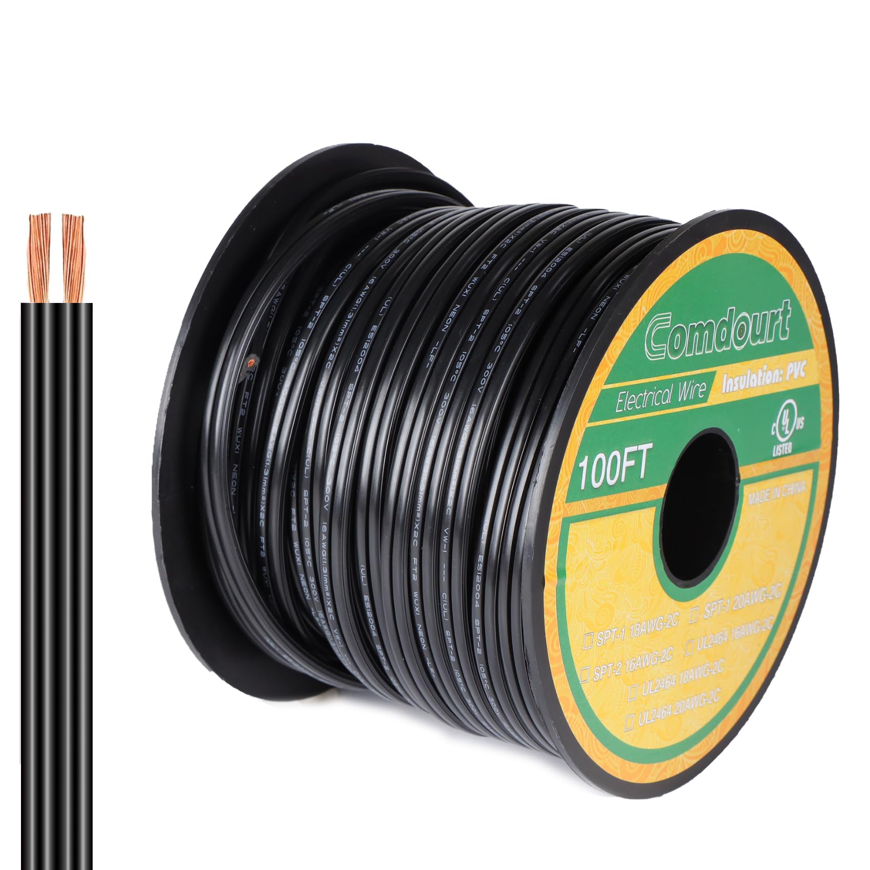Comdourt SPT-2 16/2 100FT Christmas Electrical Wire, Outdoor Christmas Village Light Cord, 300-Volt 16 AWG Wire for Holiday Outdoor Light, Black