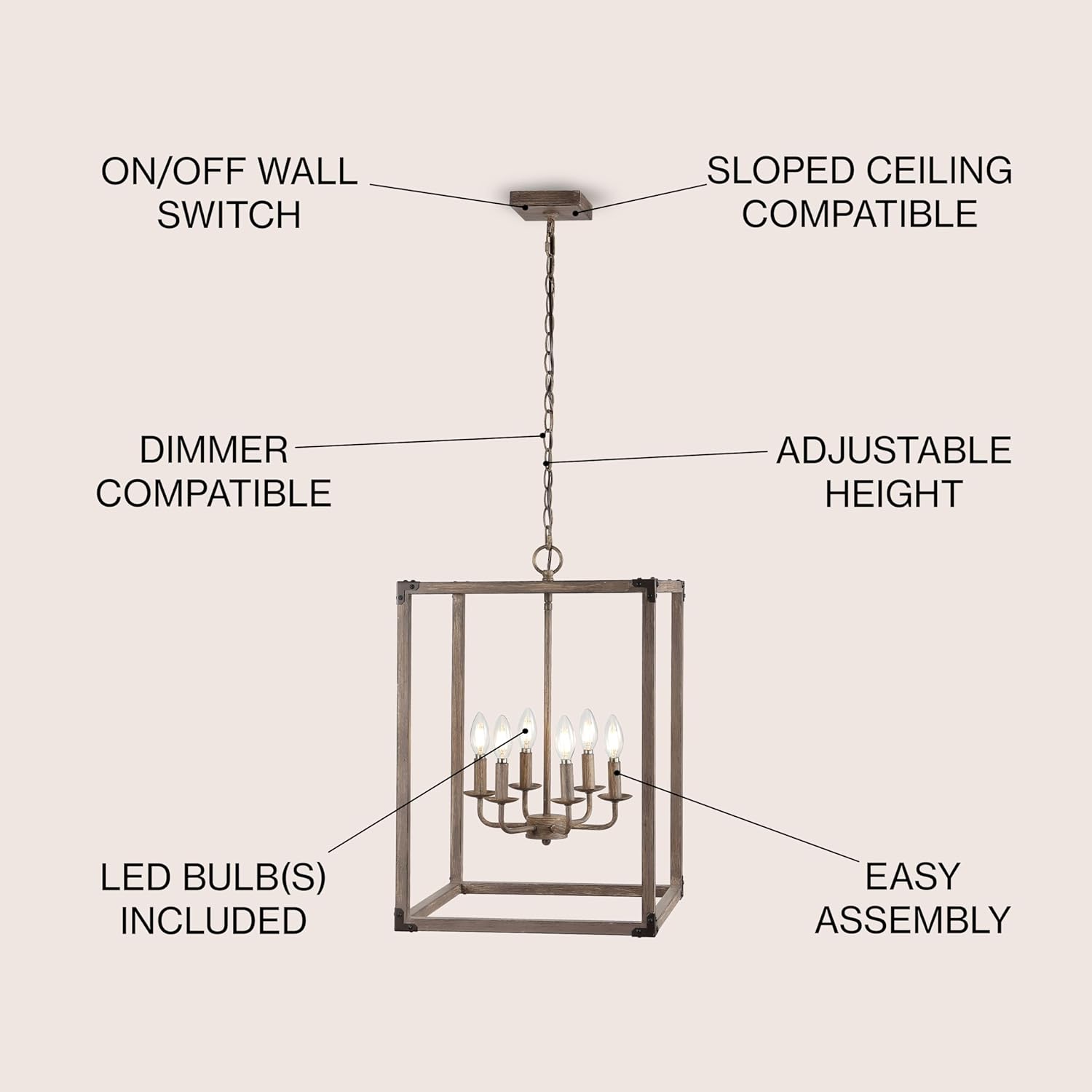 JONATHAN Y 16" Brown Rustic Farmhouse 6-Light LED Pendant, Adjustable Iron Lantern Chandelier for Kitchen Island, Barnwood Wood Grain Finish (JYL7476A)