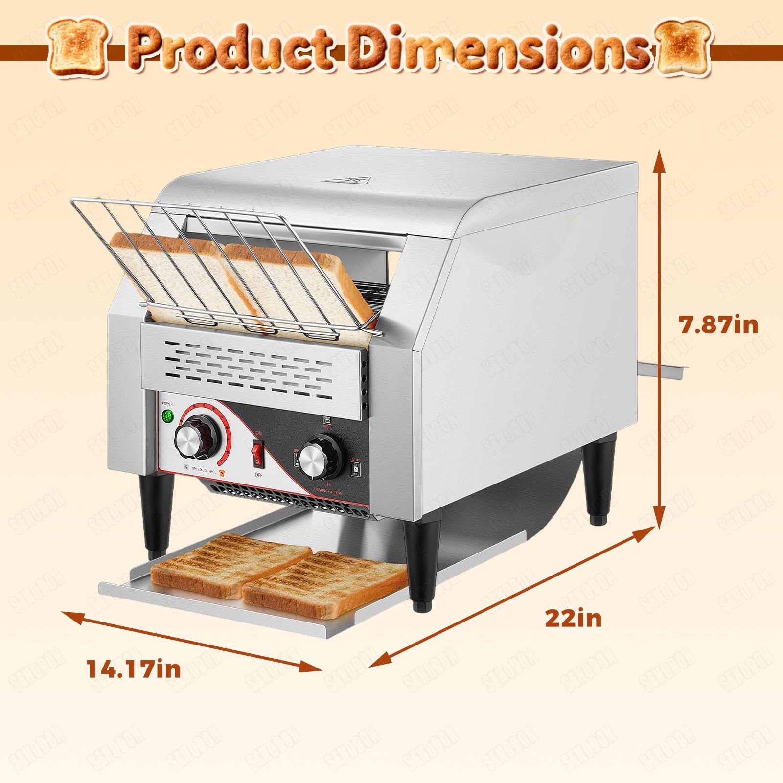Tostapane professionale a nastro inox 150/300/450 fette/ora, 7 velocità regolabili, ideale per croissant, panetterie e caffetterie(150 Slices/H)
