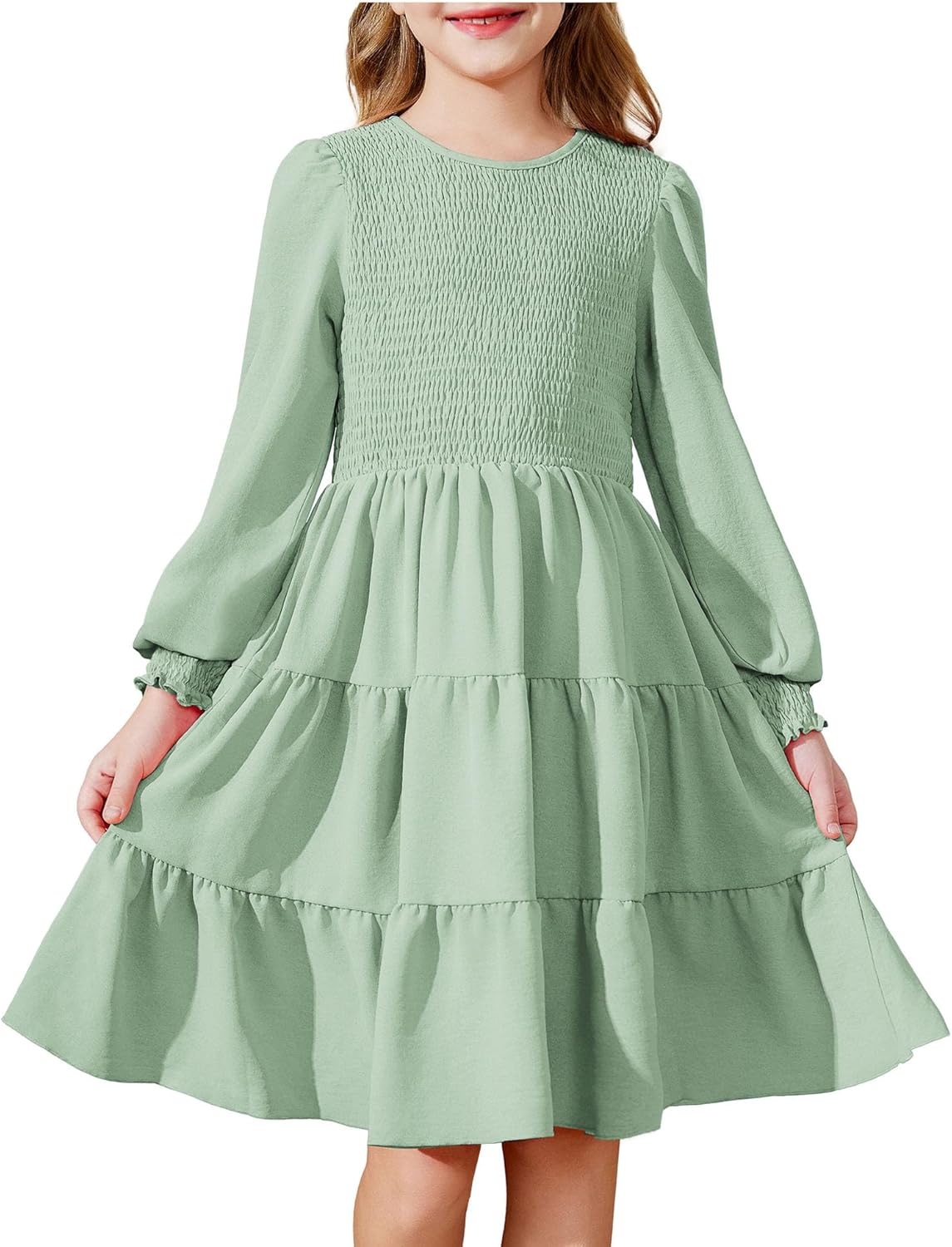 Arshiner Girls Dress Fall Boho Long Sleeve Shirred Smocked Tiered Party Dresses with Pockets