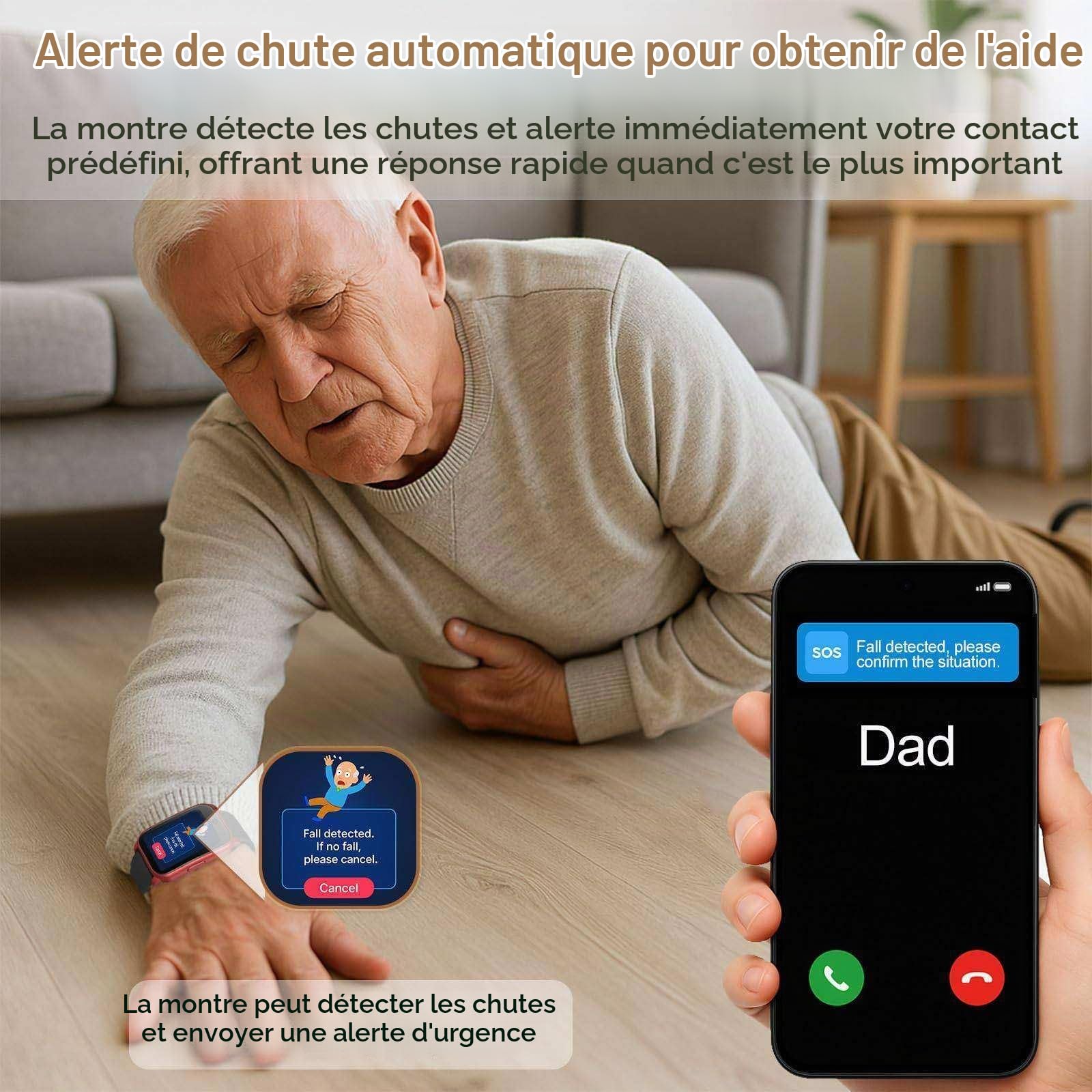 Montre Connectée Avec Détection De Chute Pour Seniors - Alerte Sos, Suivi Gps, Appel D'urgence,Surveillance De La Santé, Ip67, Pour Les Personnes Atteintes De Démence/Maladie D'alzheimer Black