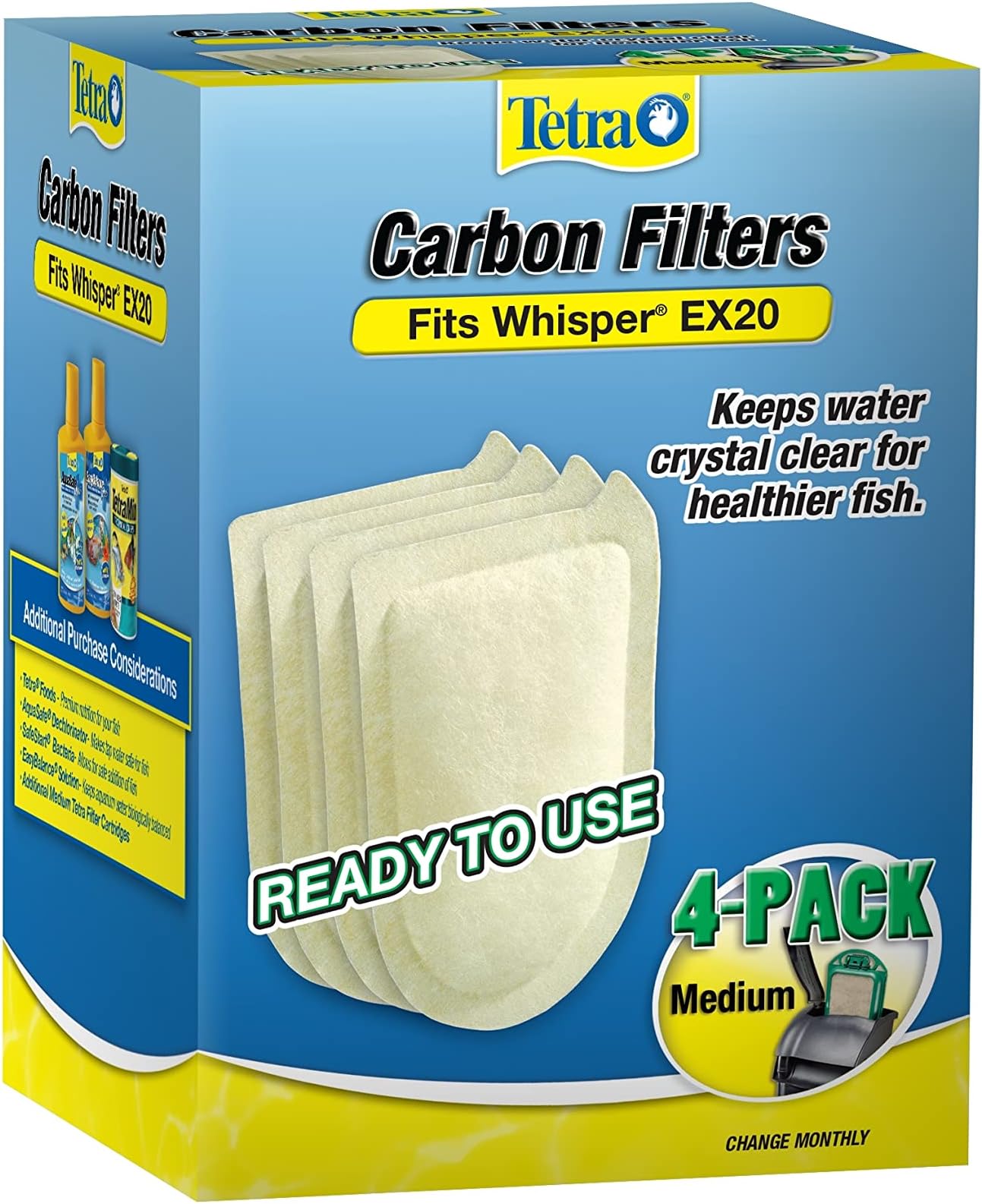 Tetra Whisper EX Carbon Medium Round Filter Cartridges, 4 Count, Fits Tetra Whisper EX 20 Fish Tank Filter