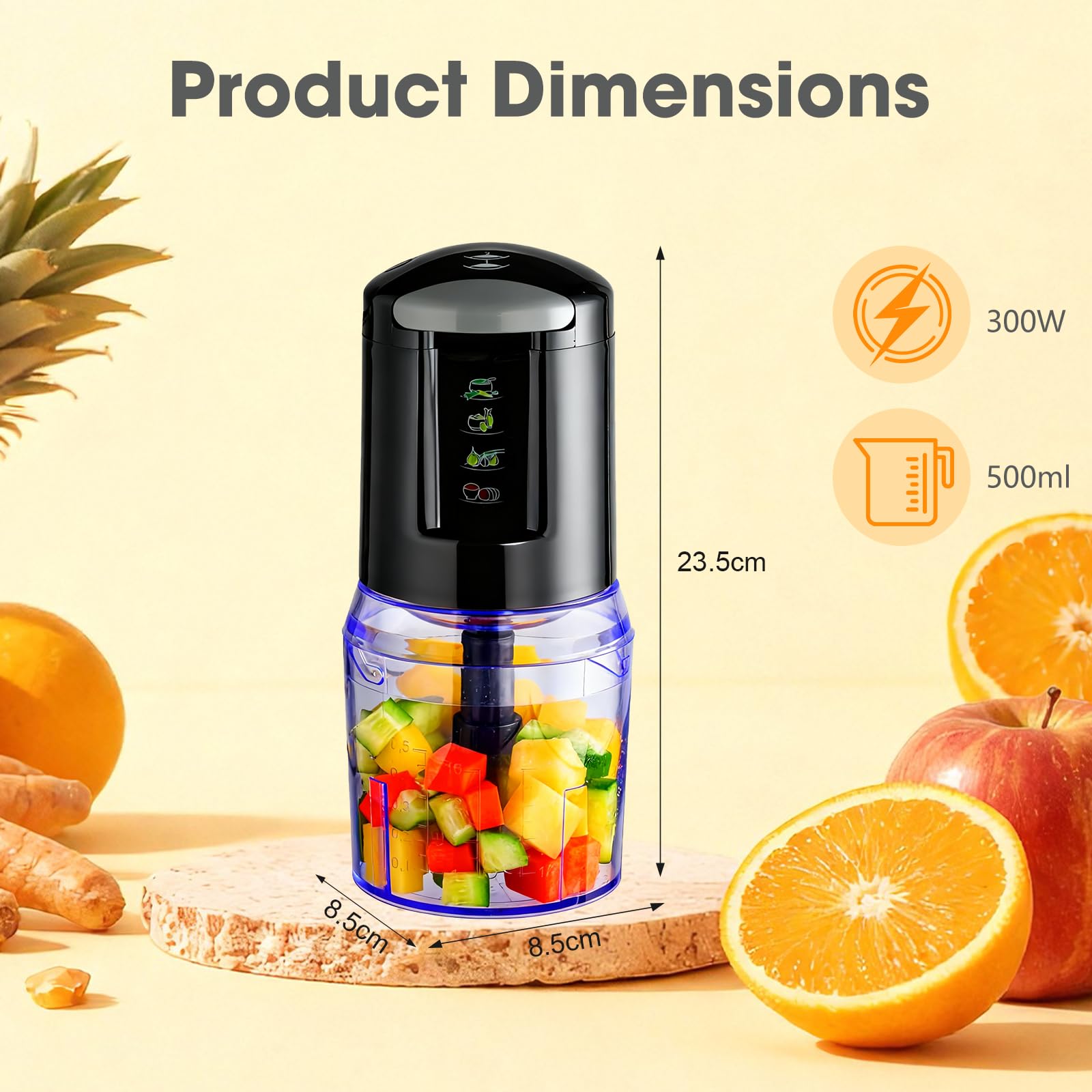 VIANTO wielofunkcyjny robot kuchenny 300 W, elektryczny rozdrabniacz z blenderem, krajalnicą do cebuli i szklanką 500 ml do mięsa, ziół, pesto