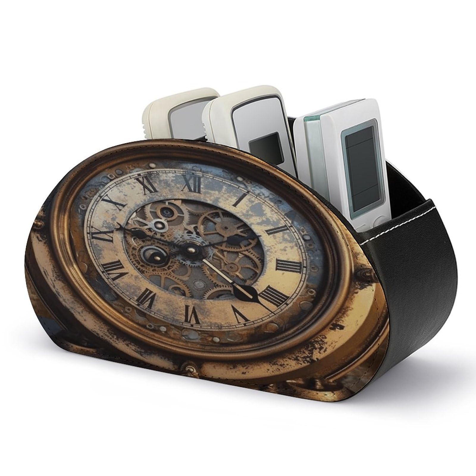 VstaDank Steampunk Clock Remote Control Holder Farmhouse TV Media Remote Storage Box with 5 Compartments PU Leather Remote Caddy Desktop Organizer for Home Bedside Table Organizer