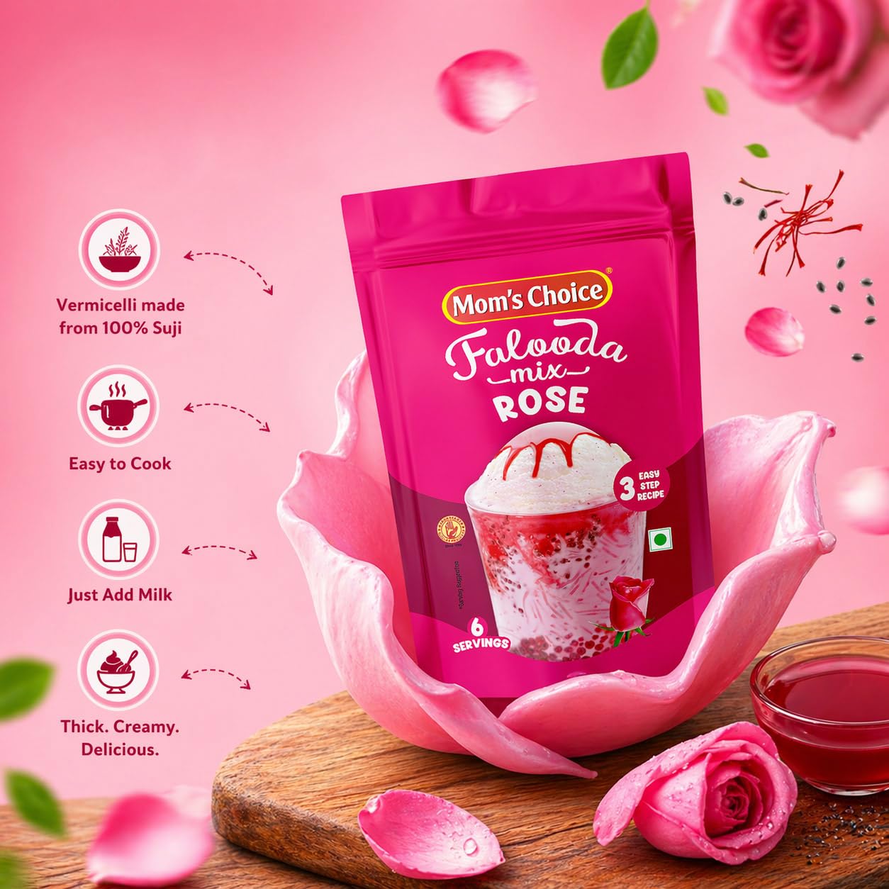 Mom’s Choice Instant Falooda Mix | Rose Flavour | Thick, Smooth & Creamy Texture | Tasty & Refreshing | Dessert Mix | Ready to Make | Pack of 3 | 200g x 3 1