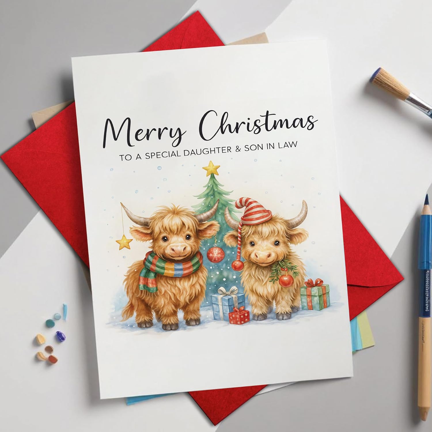 Highland Cow Christmas Cards with Envelopes and Stickers Cow Colored Lights Greeting Card Xmas Blank Note Card for Christmas Winter Holiday (Highland Cow2) - Image 2