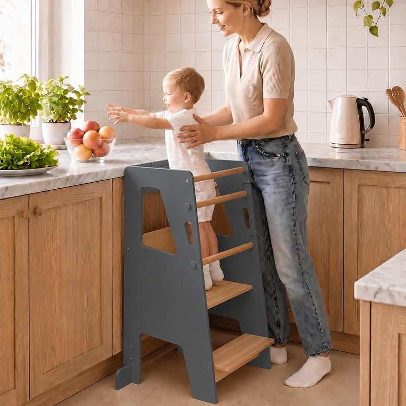 Ehhly Ayudante de taburete de cocina para niños pequeños con altura ajustable y torre de pie para niños pequeños | Torre para niños súper estable, taburete de cocina ideal para niños para aprender nuevas habilidades, extra seguro con pies de seguridad