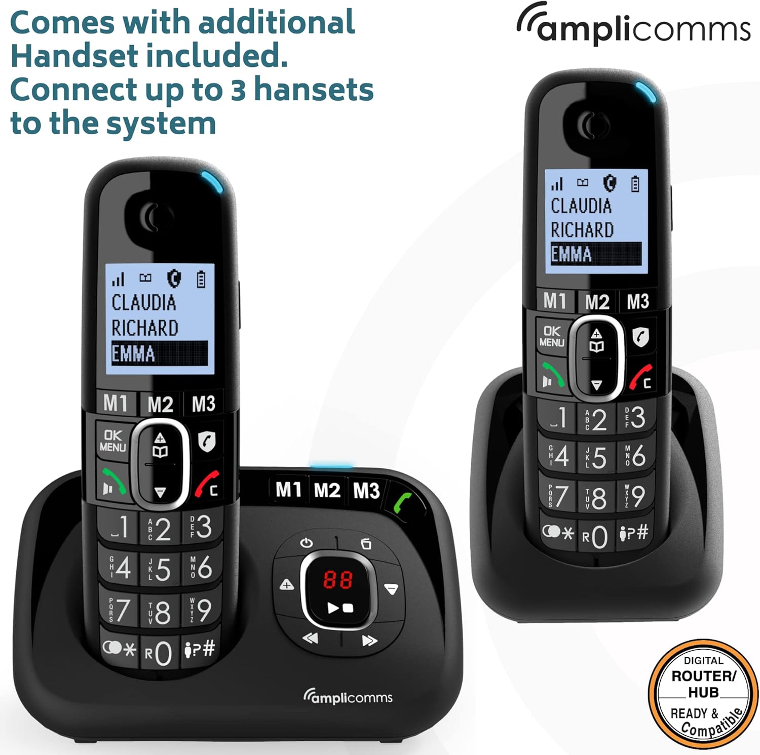 Amplicomms BigTel 1582 system showing base station and additional charging cradle with handsets