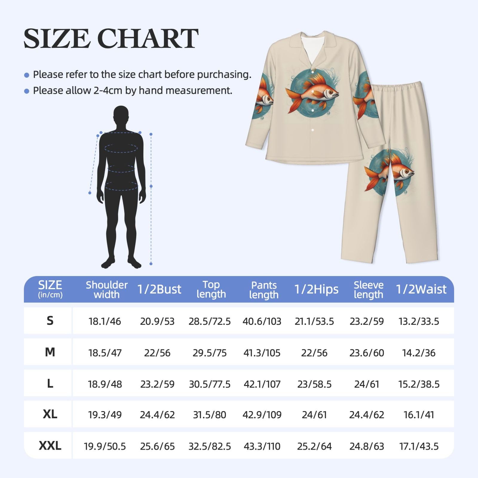 Schönes Herren-Pyjama-Set, langärmelig, Fisch-Druck, zweiteilig, Hauskleidung, bequeme Nachtwäsche