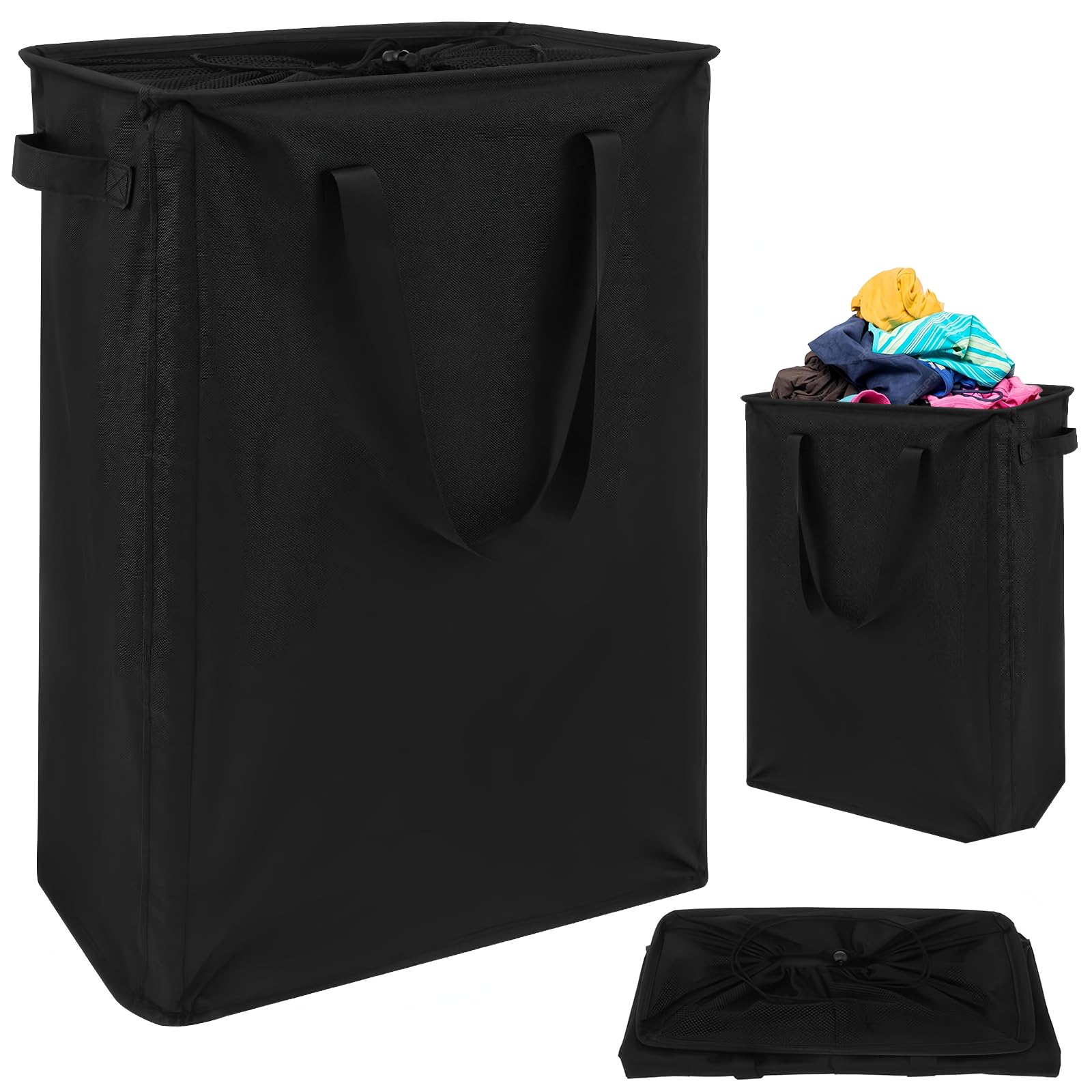 Slim Wäschekorb Faltbarer Wäschekorb mit Griffen,wäschekorb schmal für Waschküche, Schlafzimmer, Badezimmer,20x40x60CM,45L (Schwarz)