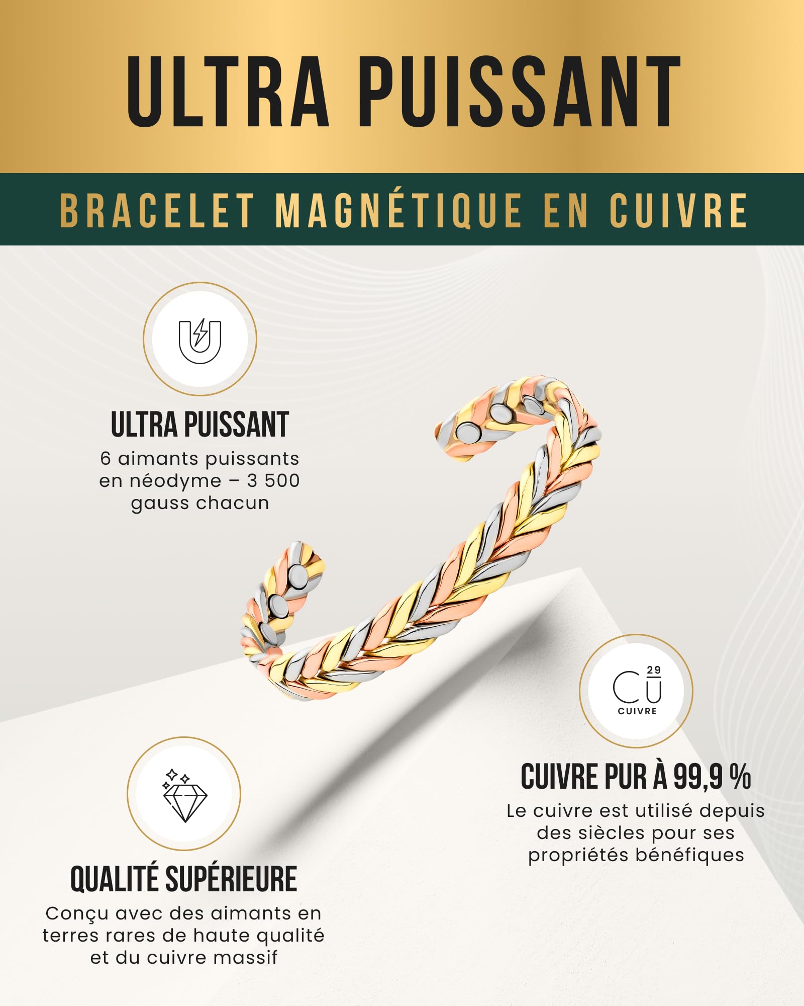 MagnetRX® Bracelet En Cuivre Tissé- 6 Aimants Puissant (3500 GAUSS Par Aimant) Bijou Aimanté En Cuivre - Manchette Réglable (Tri-color | M/L)