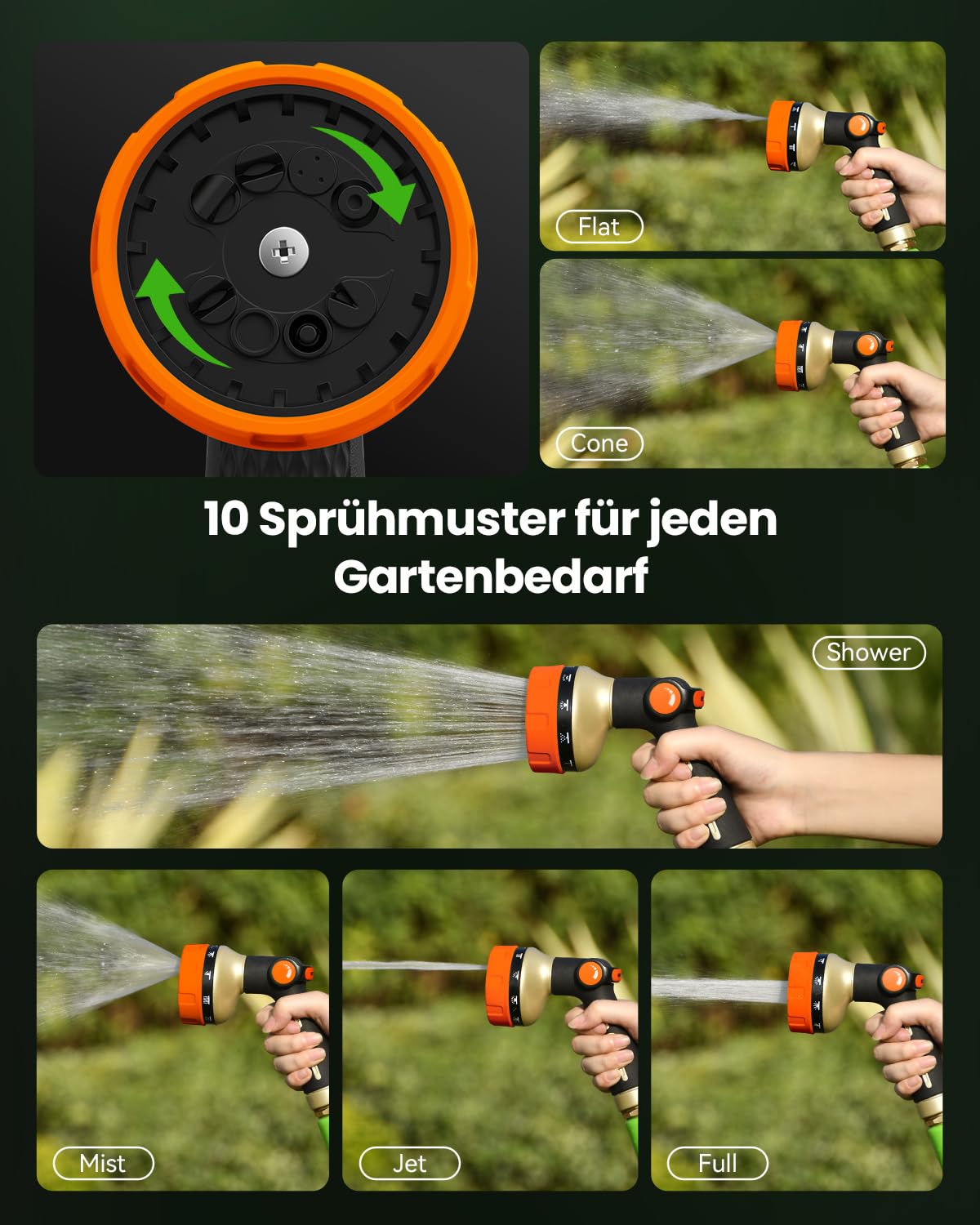RAINPOINT Gartenbrause, Metall Garten Handbrause mit 10 Bewässerungsmuster, Mühelose Wasserfluss-Regelung, Hochdruck Gartenschlauch Spritze für Bewässerung, Autowaschen, Orange