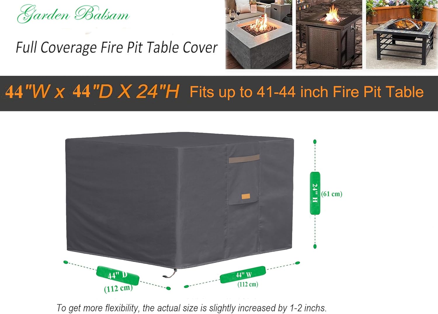 600D Heavy Duty Waterproof Patio Fire Pit Cover UV Resistant Square Outdoor Firepit Covers 44" Wx 44" D x 24" H Dark Grey