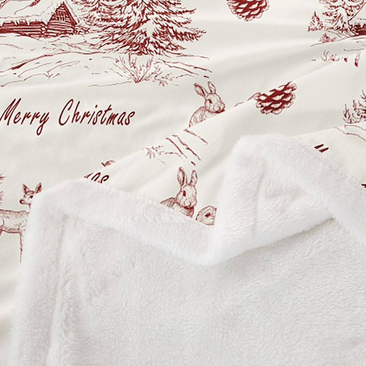 Erosebridal Christmas Throw Blanket Throw Size for Bed Sofa Couch, Vintage Xmas Winterland Blanket for Kids Adults, Christmas Tree Reindeer Printed Fleece Blanket, Red Cream Sherpa Blanket