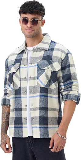 The Souled Store Plaid: Men and Boys Full Sleeves Spread Collar Cotton Twill Warm Durable Heavy Winter Oversized Shackets