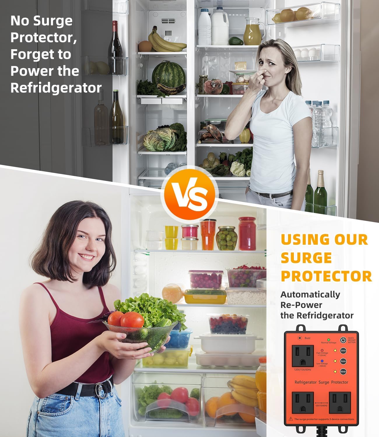 Refrigerator Surge Protector, 3-Outlet 120V for Home Appliance Surge Protector, Time Delay, LED Indicator Light & 110dB Alarm, Protects Against Voltage Abnormalities, Brownout, Spike, Instant Surge - Image 5