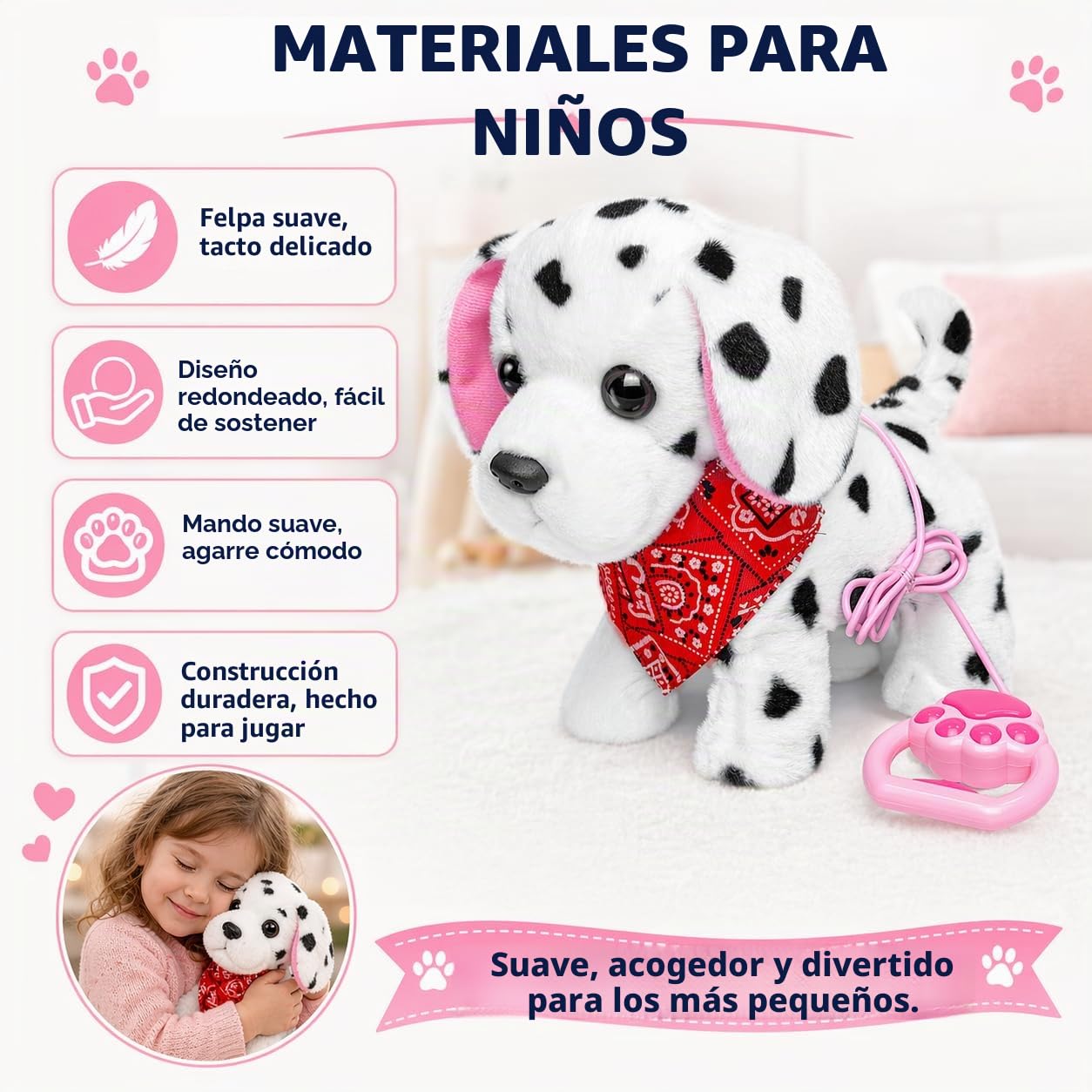 YH YUHUNG Perro Dálmata de Juguete Que Camina y Ladra, Peluche Interactivo con Correa y Pañuelo Rojo, Mascota Electrónica para Niños 3 Años+ (Dálmata)