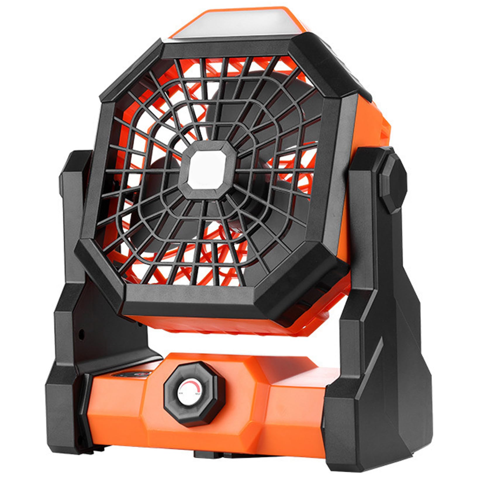 Striegro Portable Camping Fan with Light, Rechargeable Outdoor Fan for Camping, Tent, Fishing, 270° Oscillating & Adjustable LED Light Orange..