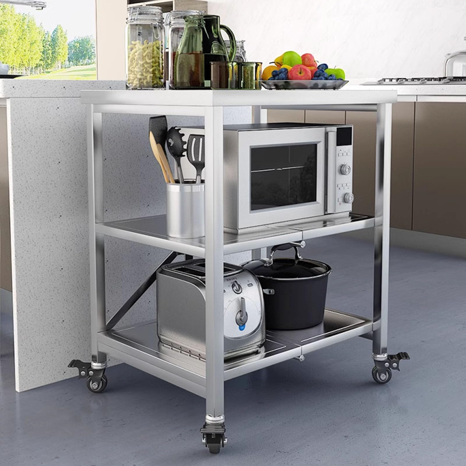 Carro De Acero Inoxidable con 3 Estantes, Carro De Cocina con Ruedas De Freno, Estante Plegable Y Rodante para Catering, Carro De Transporte para Cocina De Restaurante