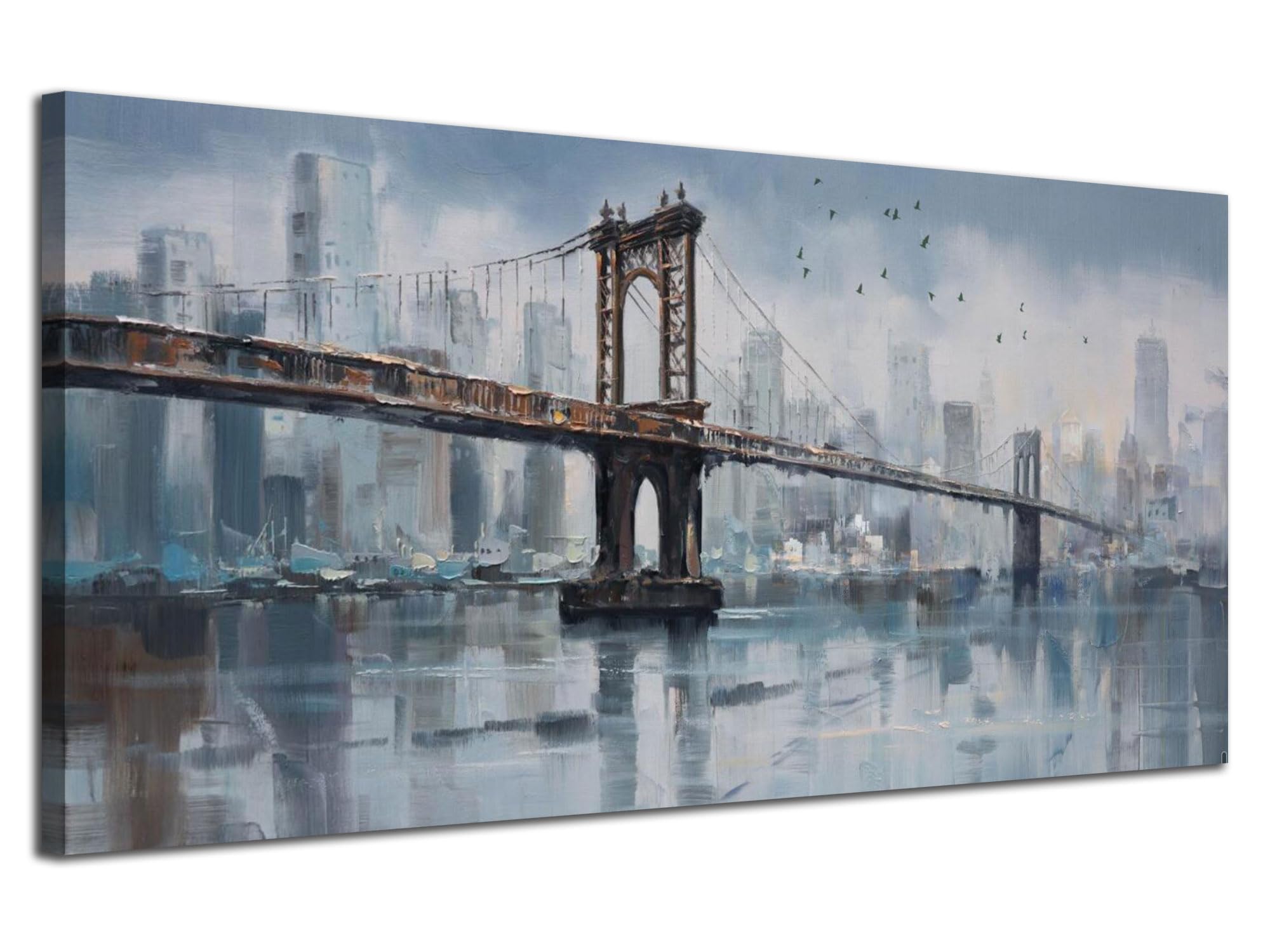 Enartly Brooklyn Bridge Wall Art Canvas Abstract Skyline New York City Painting Modern Bridge Colorful NYC Picture Framed for Bedroom Bathroom Living Room Home Office Wall Decor Large Size 40"x20"