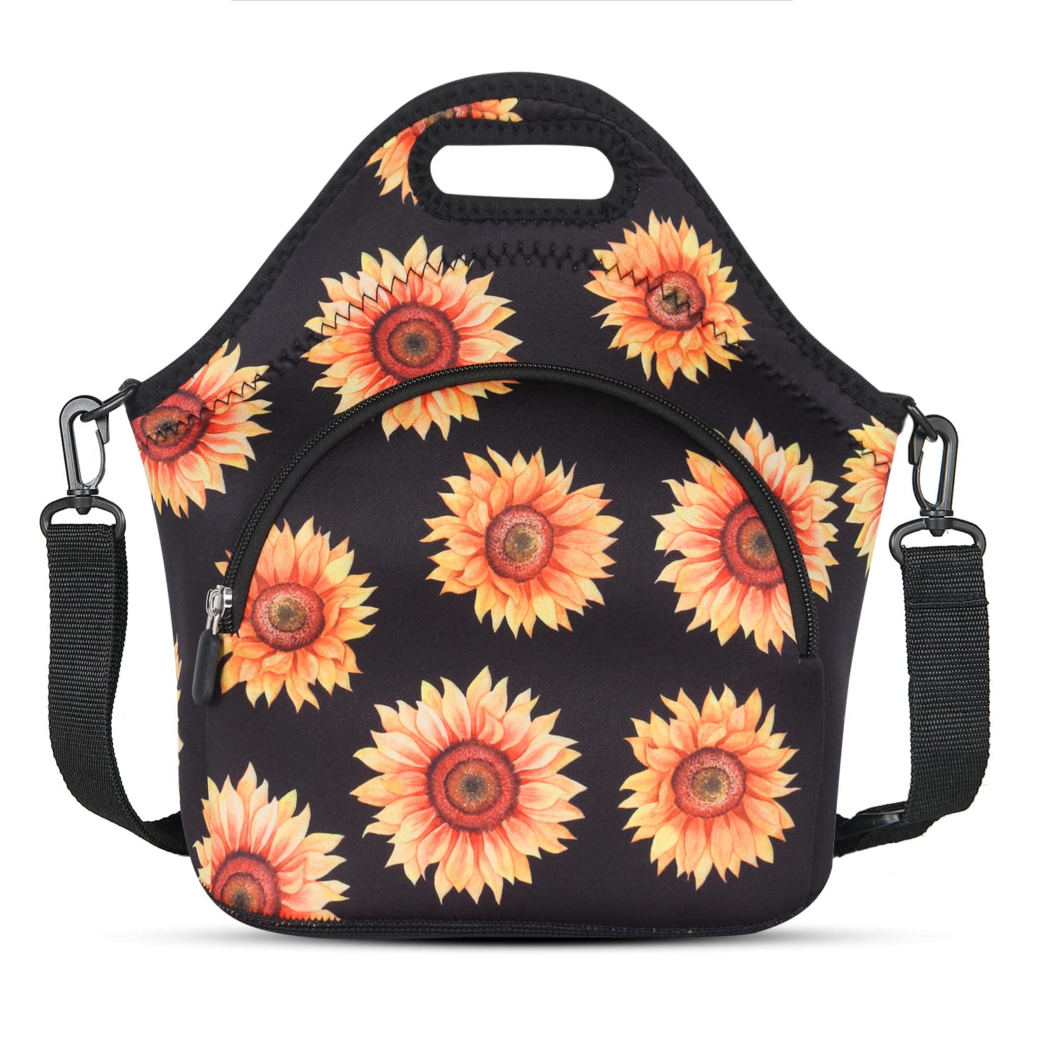 Violet Mist Neoprene Floral Lunch Bag, Sunflower, 12.6"L x 11.8"H x 6.3"W, Adjustable Shoulder Strap, Waterproof, Eco-Friendly