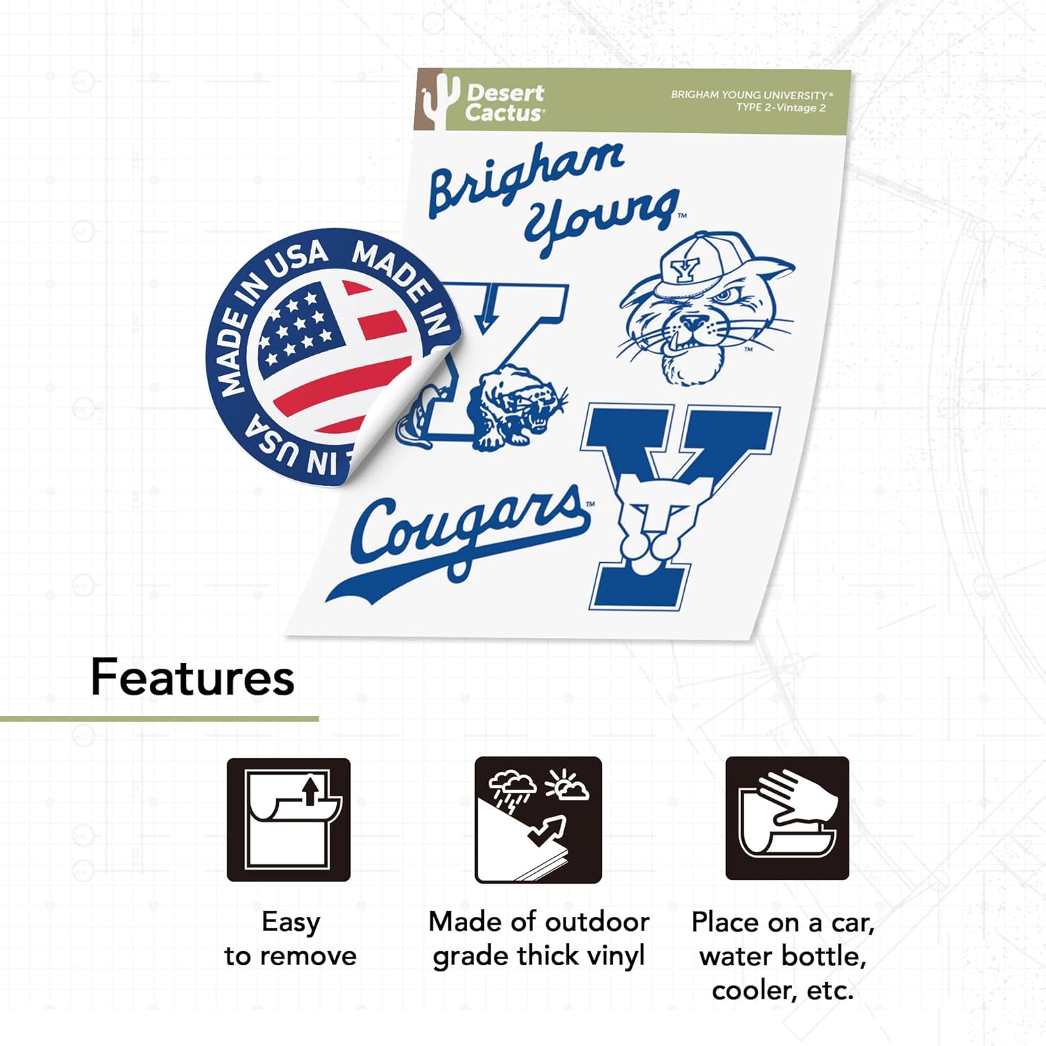 Desert Cactus BYU Brigham Young University Sticker Cougars Cougs Vinyl Decals Laptop Water Bottle Car Type 2 (T2 Vintage 2) - Image 2