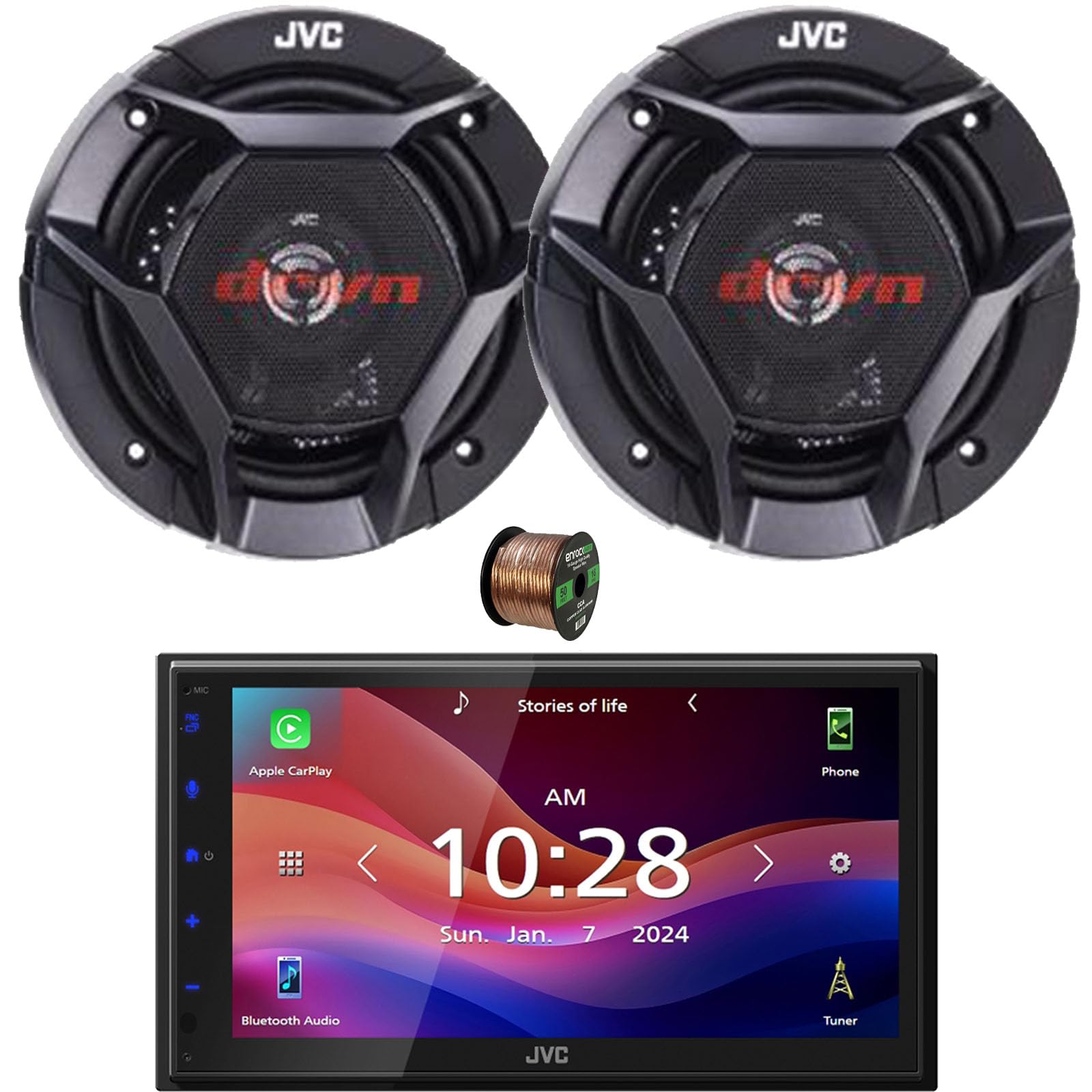 JVC KW-M590BT Double DIN 6.8" Capacitive Touchscreen Digital Media Bluetooth USB/AM/FM Radio Receiver Bundle Combo With One Pair (QTY 2) Of 6.5" 300W Max Power 2-Way Coaxial Automotive Speakers W/Wire