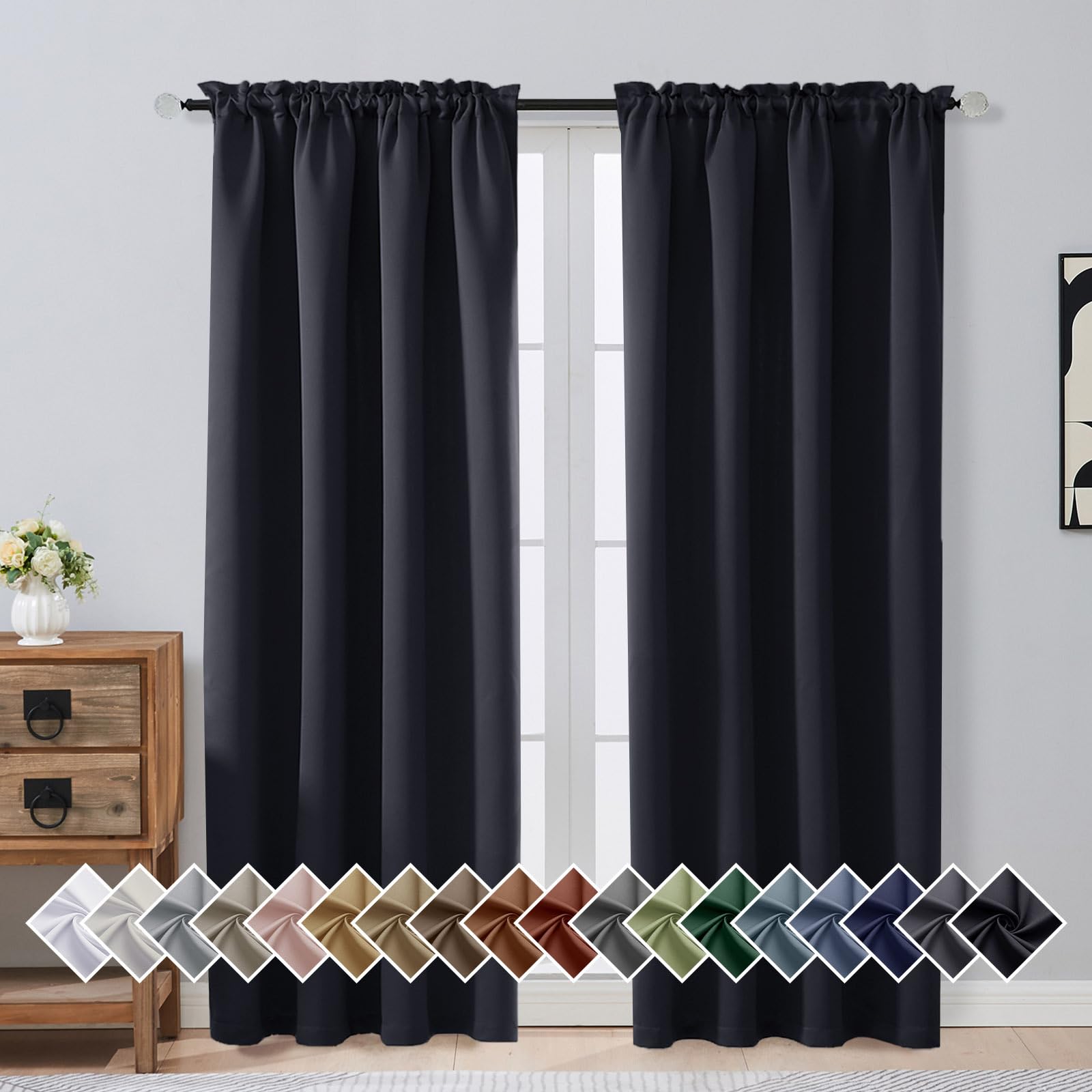 OVZME Black Blackout Curtains for Bedroom 72 Inch Length 2 Panels Set, Solid Thermal Insulated Energy Saving Window Curtains for Living Room, Dual Rod Pocket Window Drapes, Black, 2x40Wx72L Inches