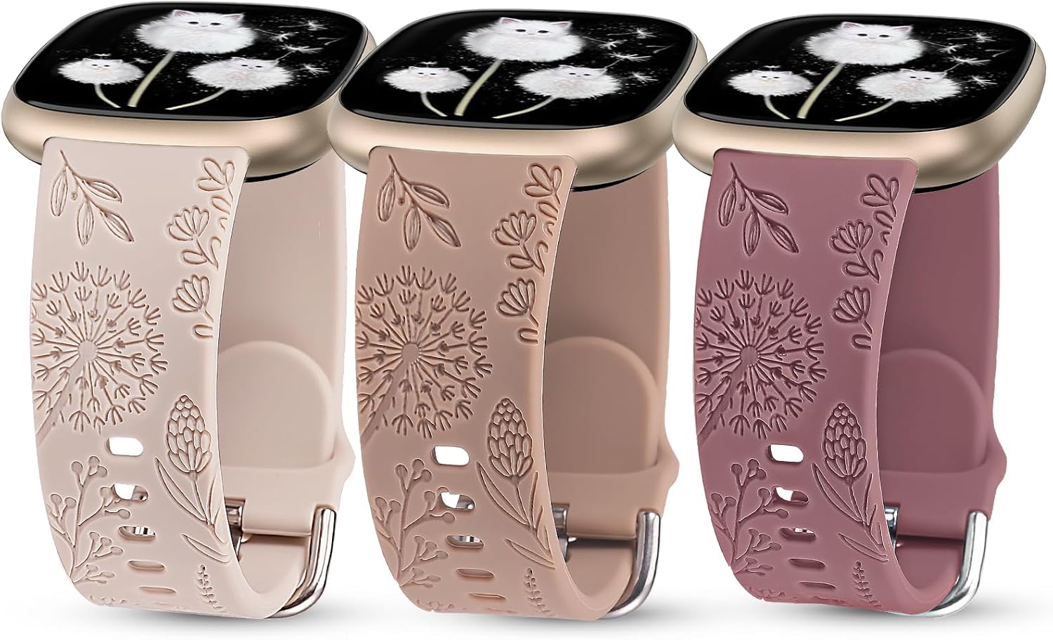 Minyee 3 Packs Floral Engraved Band Compatible with Fitbit Versa 4/Versa 3/Sense 2/Sense Band Women, Cute Soft Silicone Dandelion Flower Pattern Sport Designer Fancy Summer Strap for Versa 4