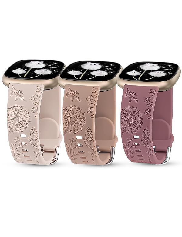 Minyee 3 Packs Floral Engraved Band Compatible with Fitbit Versa 4/Versa 3/Sense 2/Sense Band Women, Cute Soft Silicone Dandelion Flower Pattern Sport Designer Fancy Summer Strap for Versa 4 by Minyee - Used condition - US$8.07