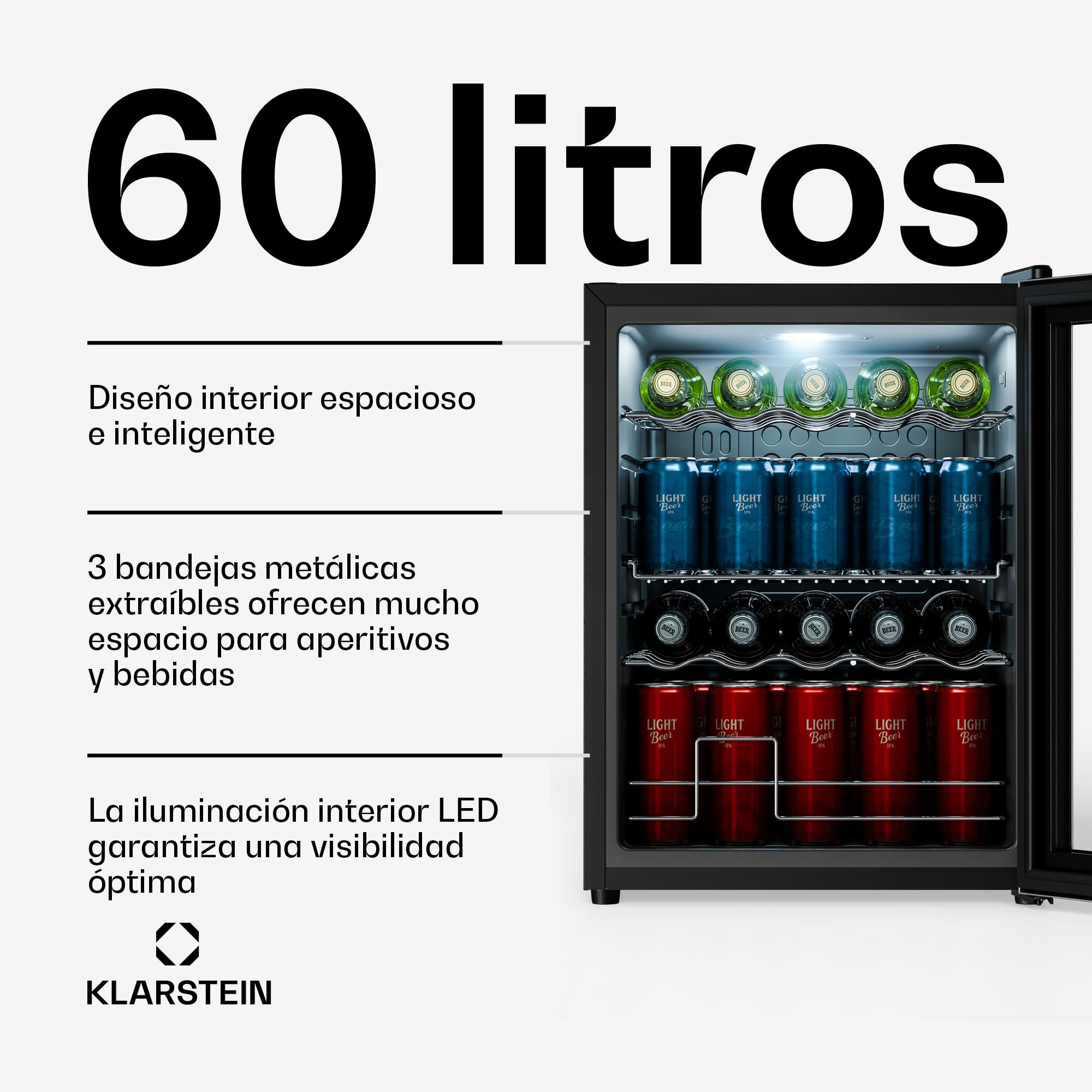 KLARSTEIN Beersafe 60 L Mini Nevera con Puerta de Cristal – Nevera para Bebidas, Plata | luz LED, estantes metálicos extraíbles, silenciosa, nevera para cerveza y bebidas, latas y botellas
